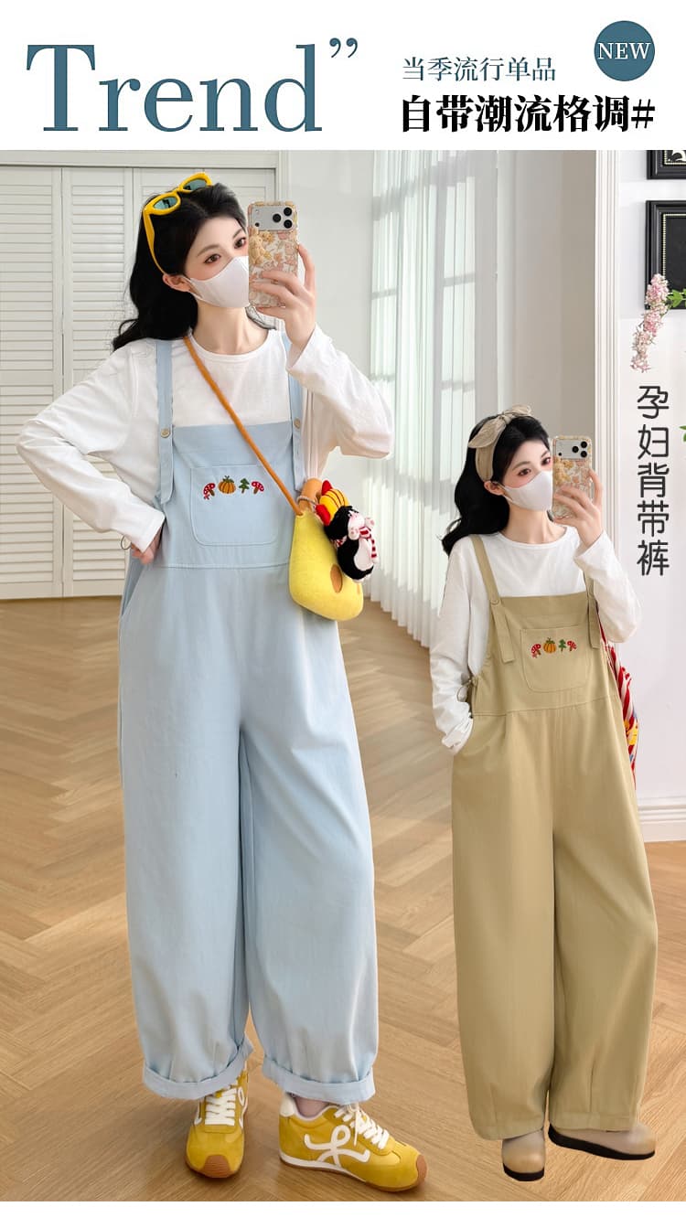 실사 가을 새로운 자수 워시 물 면직물 다용도 루즈핏 수 있습니다. 조정 임산부 멜빵 바지 상세 이미지 1