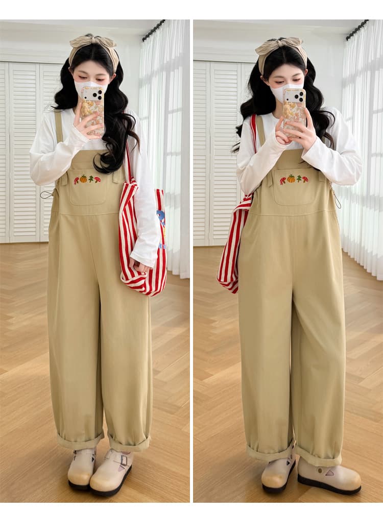 실사 가을 새로운 자수 워시 물 면직물 다용도 루즈핏 수 있습니다. 조정 임산부 멜빵 바지 상세 이미지 14