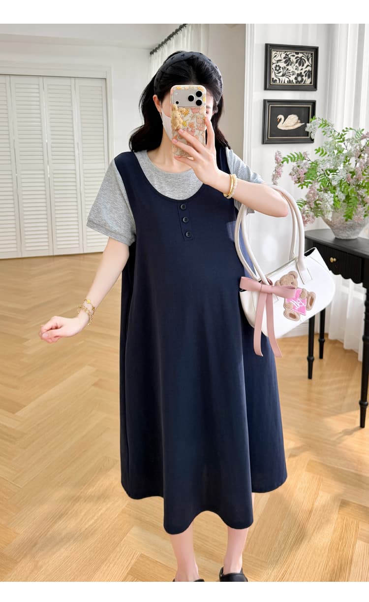 실사 xian 물품 여름 연령 감소 패치워크 페이크 레이어드 루즈핏 슬림해 보이는 품격 중간 길이 라운드 넥 드레스 상세 이미지 3