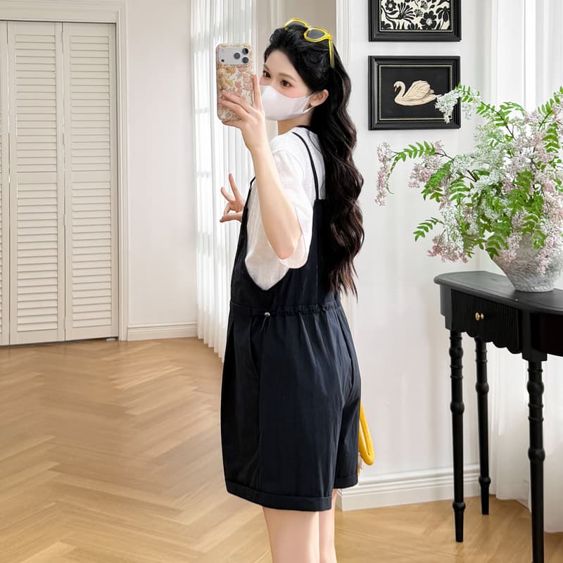 실사 지금 임산부 멜빵 반바지 여름 외출용 작은 키 빅 사이즈 캐주얼 여름 드레스 연령 감소 새로운 투피스 세트 이미지 4
