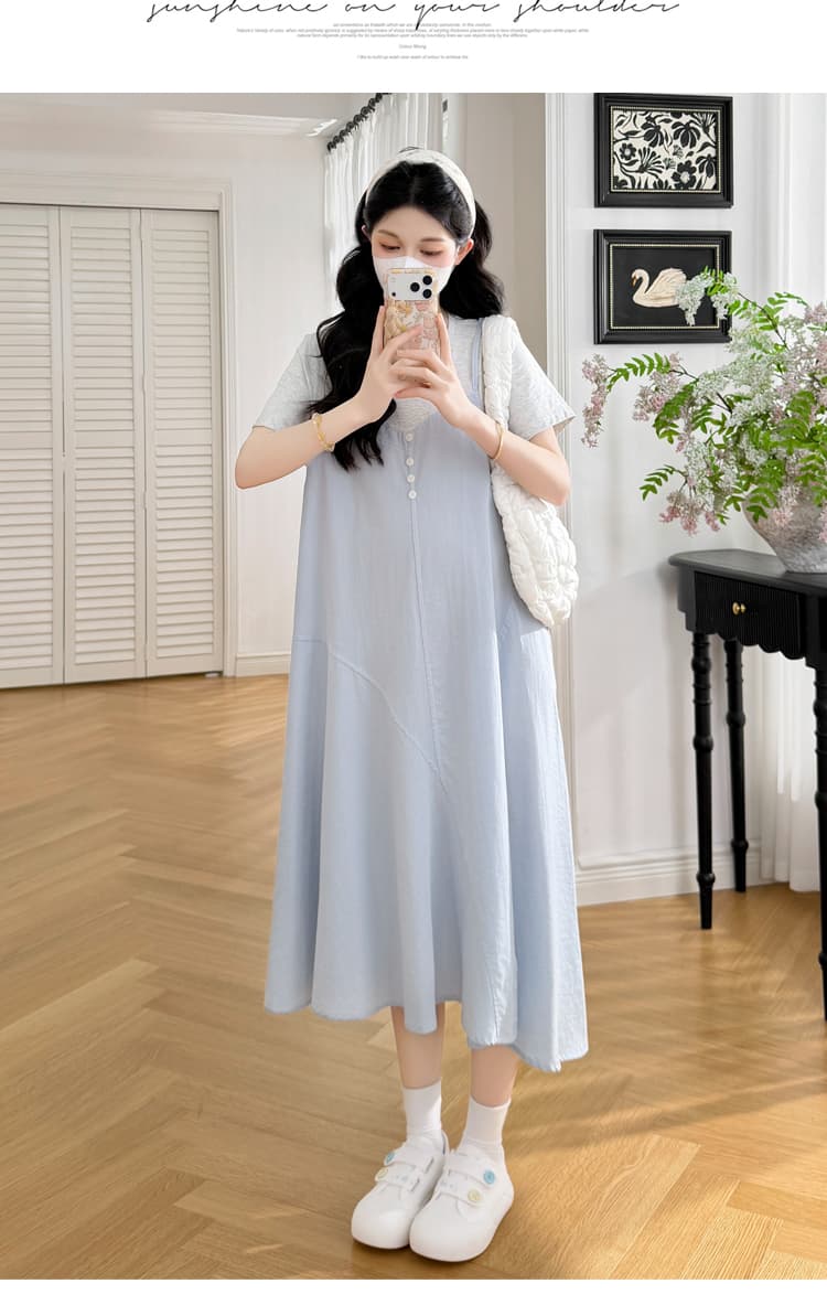 실사 여름 새로운 패치워크 페이크 레이어드 면 린넨 루즈핏 슬림해 보이는 표지 고기 임산부 드레스 상세 이미지 12