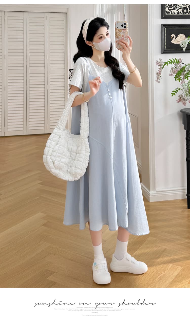 실사 여름 새로운 패치워크 페이크 레이어드 면 린넨 루즈핏 슬림해 보이는 표지 고기 임산부 드레스 상세 이미지 18