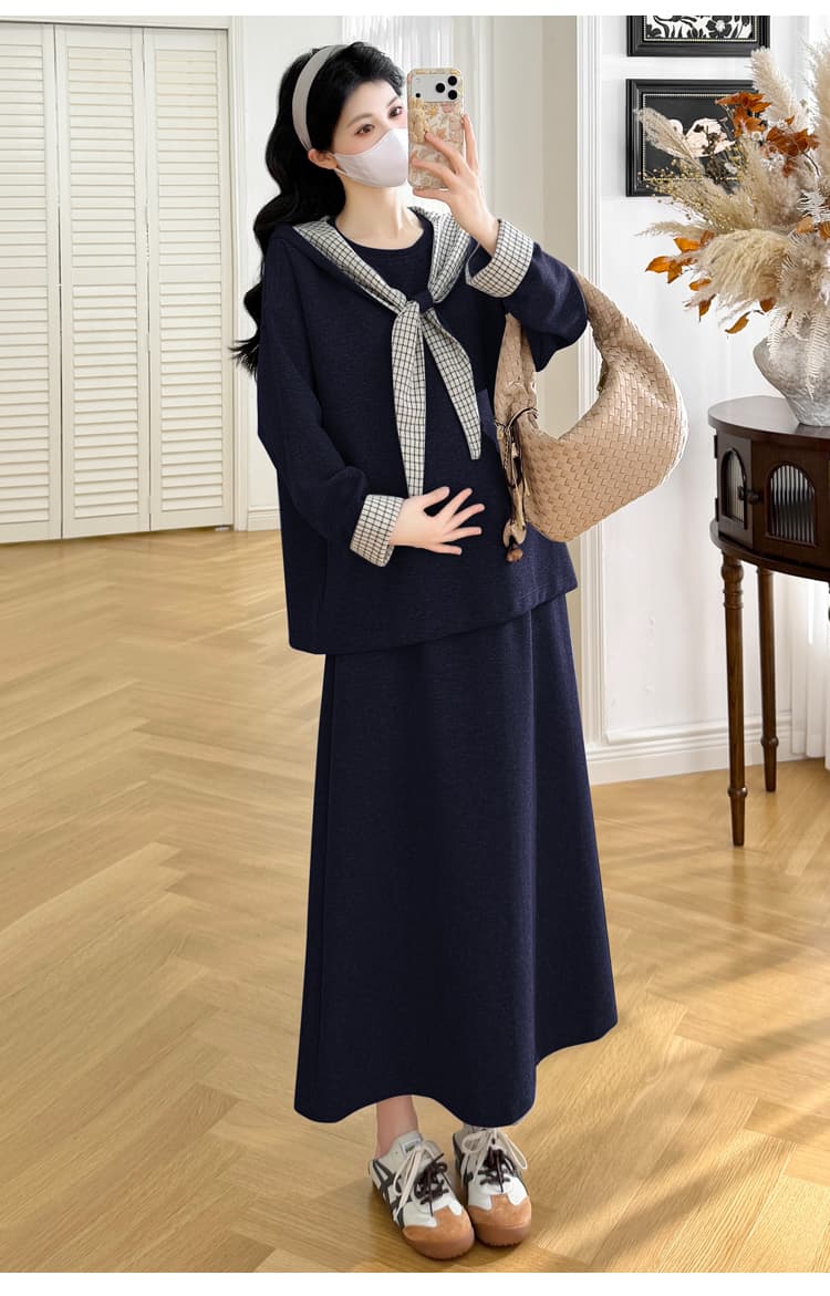 실사 출산 착용 가을 의상 세트 패션 임산부 맨위 중간 길이 외국 가스 루즈핏 반신 롱 스커트 투피스 세트 상세 이미지 19