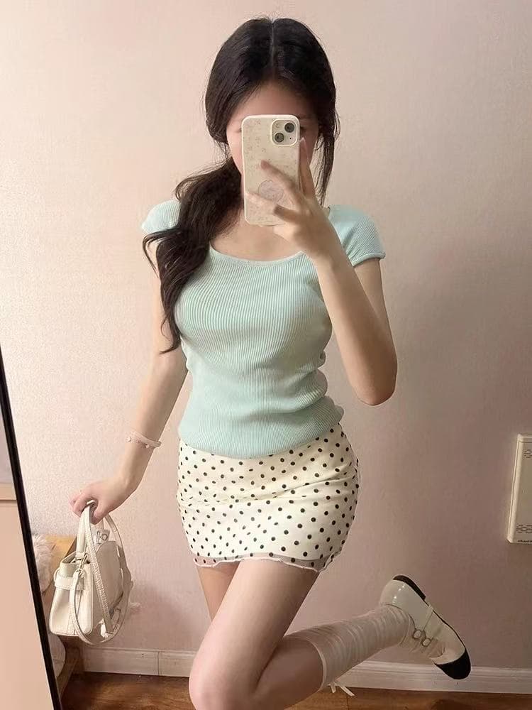 레이스 도트 무늬 반신 스커트 여성 여름 작은 키 한 마디 반 스커트 하이웨이스트 슬림해 보이는 타이트 스커트 미니 스커트 상세 이미지 1