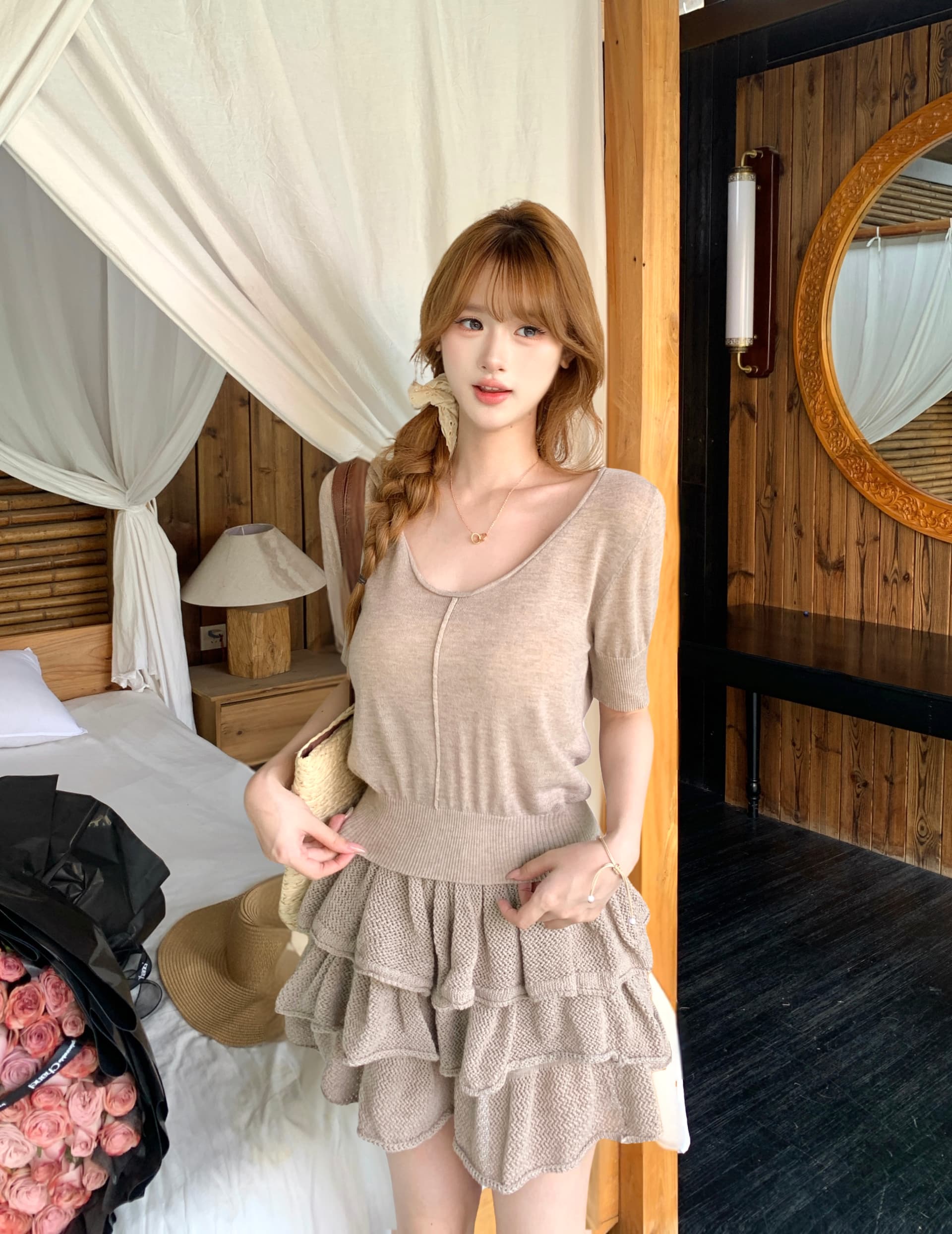 실사 여름 오래된 돈 휴식 니트 작은 반팔 니트 케이크 반 스커트 달콤함 투피스 세트 레트로 로드 중 이미지 3