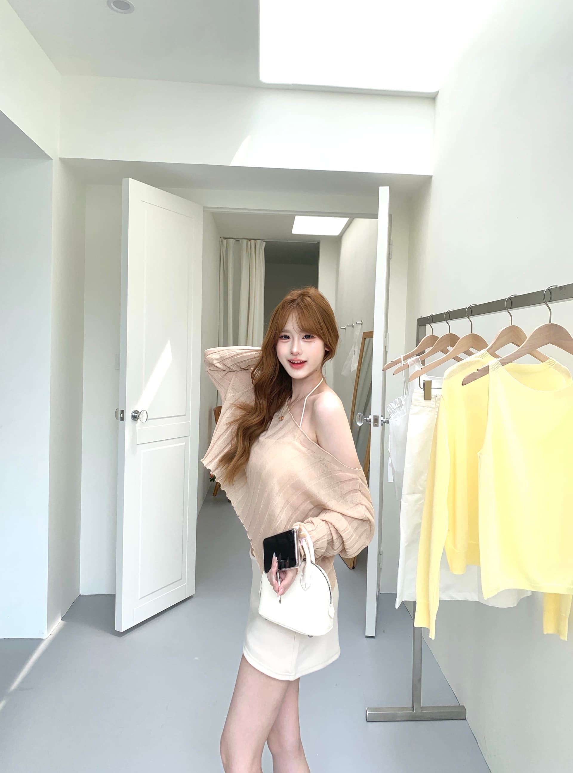 실사 보트넥 블라우스 여성 여름 느긋한 바람 얼음 실크 얼음 센스 통기성 쇼트 스타일 세트 상세 이미지 1
