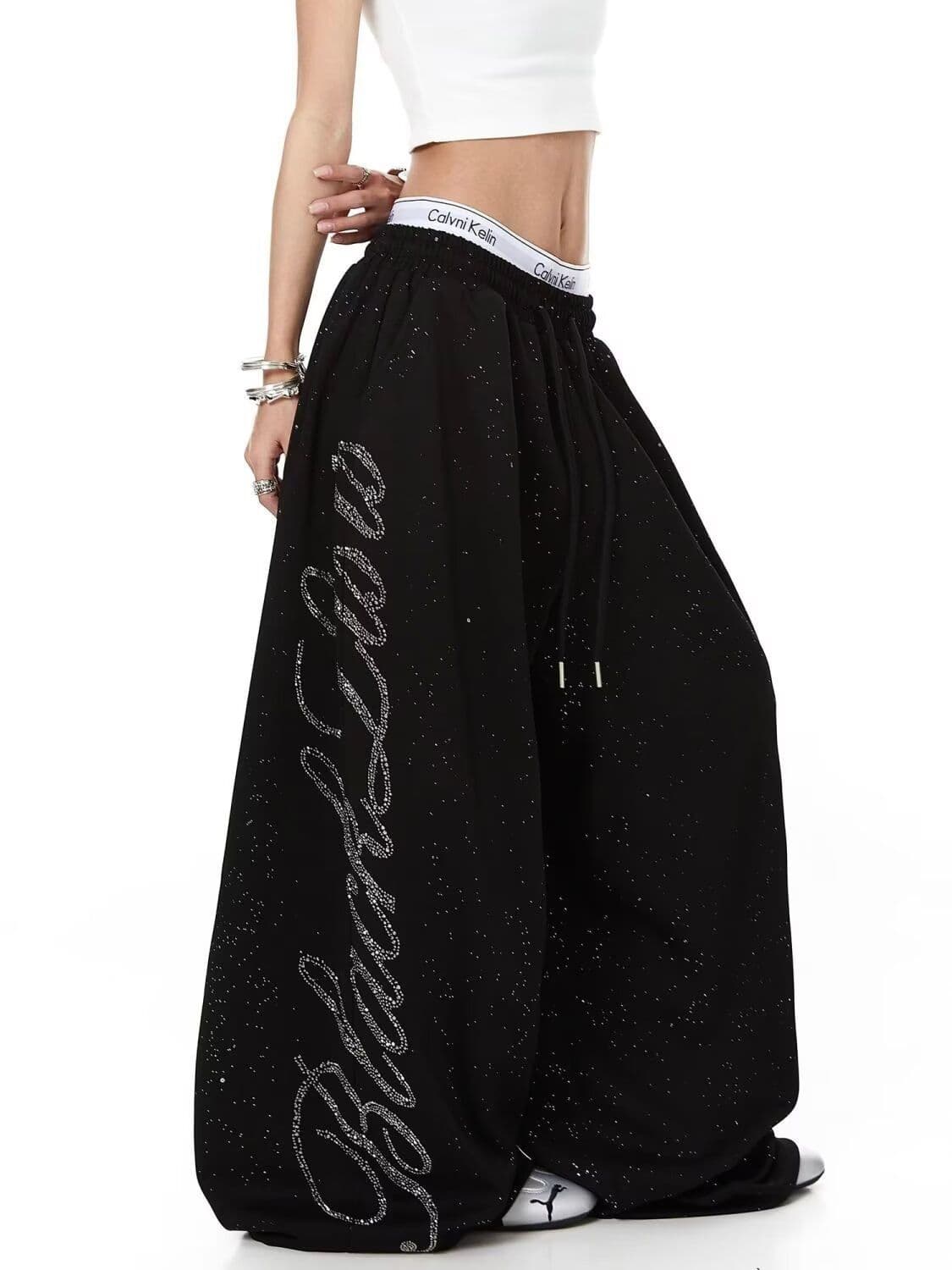 순면 플래시 조각 핫픽스 Gypsophila 알파벳 핫픽스 디자인 모통이 칼 웨이 바지 남녀 춤추기 루즈핏 와이드 레그 팬츠 상세 이미지 4