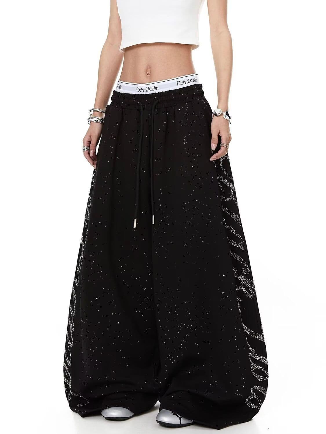순면 플래시 조각 핫픽스 Gypsophila 알파벳 핫픽스 디자인 모통이 칼 웨이 바지 남녀 춤추기 루즈핏 와이드 레그 팬츠 상세 이미지 8
