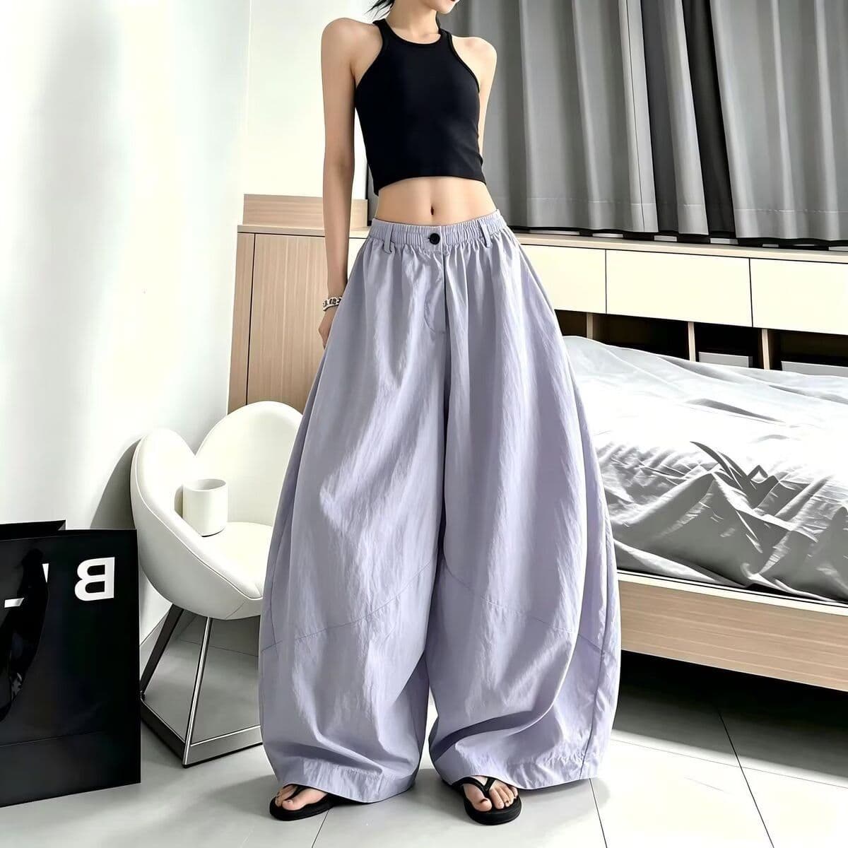 고밀도 탑 실크 길다 복합 슬림해 보이는 와이드 레깅스 바지 새로운 루즈핏 자외선 차단 모통이 칼 바지 녹색 캐주얼 바지 상세 이미지 3