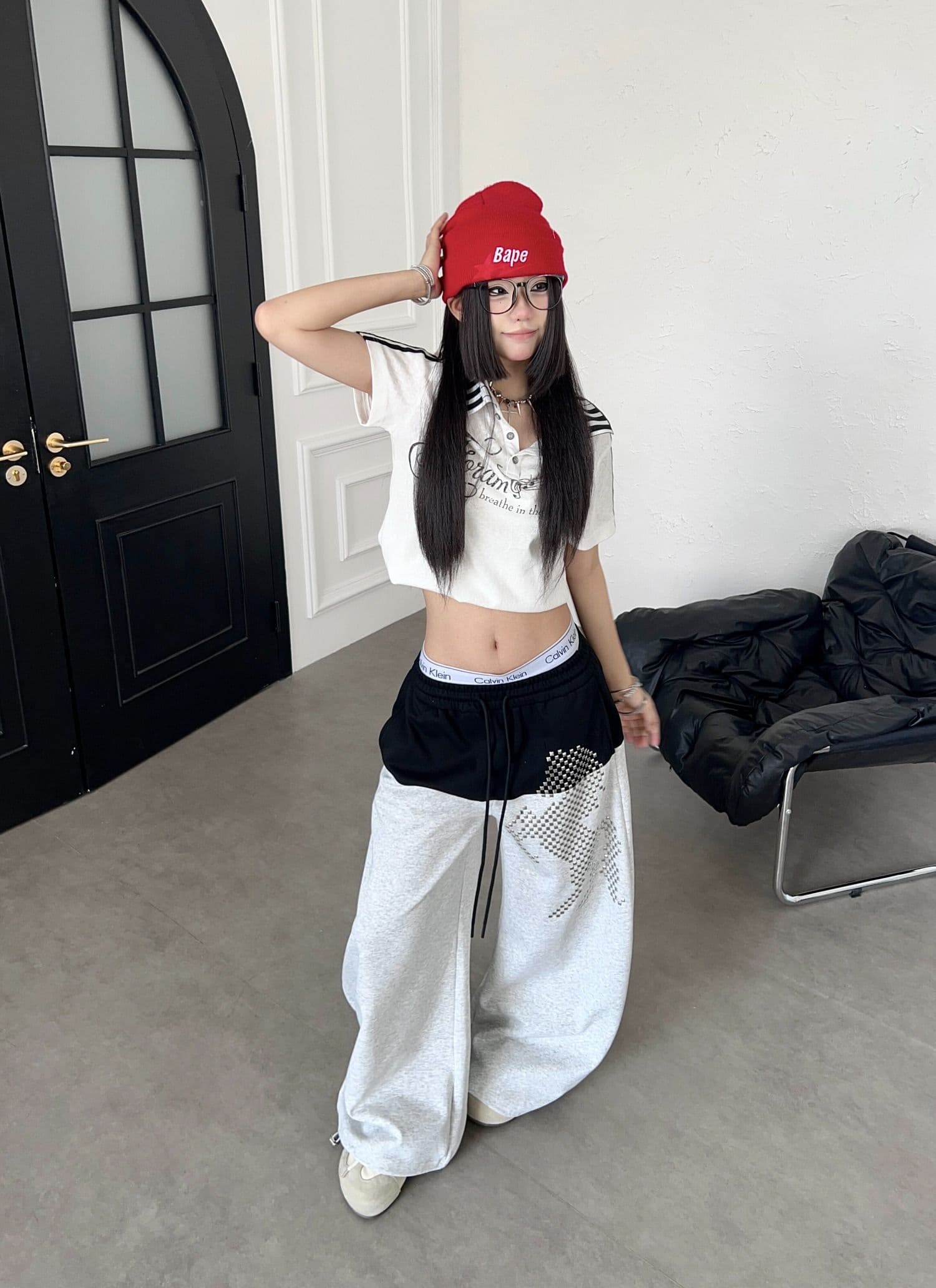 순면 패치워크 징 작은 말 모통이 칼 캐주얼 바지 웨이 바지 여성 아메리칸 루즈핏 넓은 다리 길이 바지 트렌디 상세 이미지 12