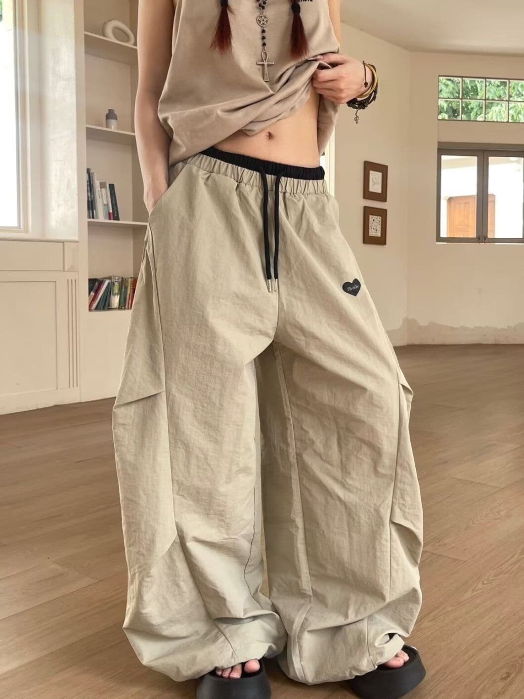 슈퍼 비밀 속도 건조한 탑 실크 길다 속도 건조한 워크웨어 팬츠 더블 허리 머리 낙하산 병 캐주얼 운동 바지 루즈핏 와이드 레그 팬츠 어린이