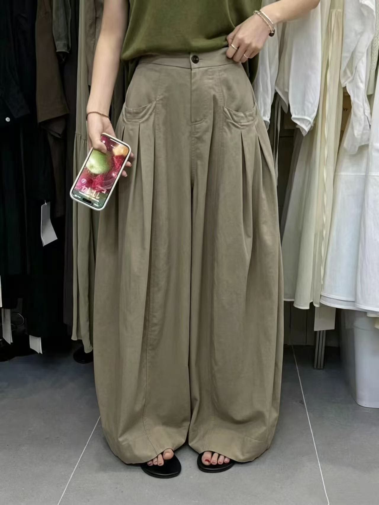 한 부서 플리츠 주머니 캐주얼 바지 여성 여름 허리밴드 플리츠 슬림해 보이는 긴 바지 상세 이미지 7