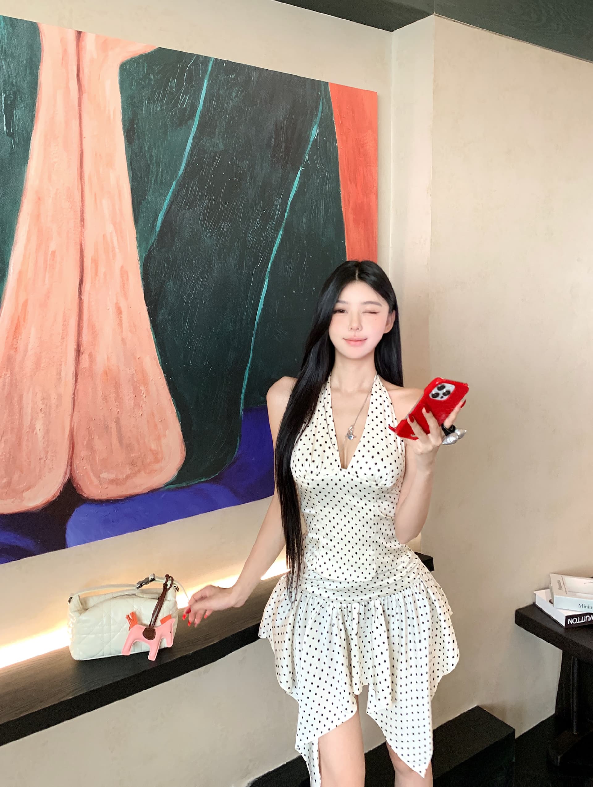 실사 정가 도트 무늬 지퍼 팬 사랑 핫걸 섹시함 V넥 행침 목 맨위 불규칙 주름 장식 반신 치마 세트 상세 이미지 6