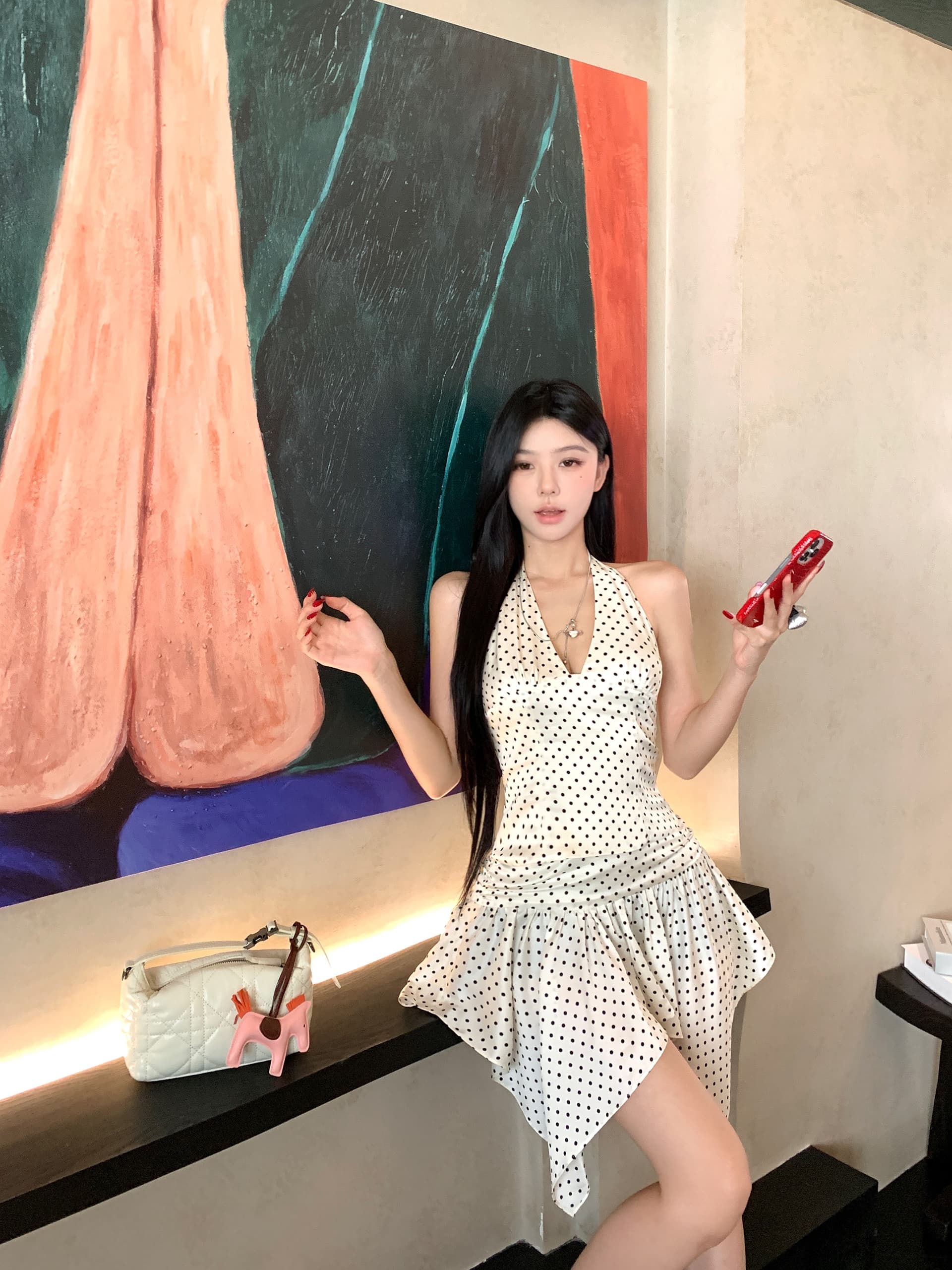 실사 정가 도트 무늬 지퍼 팬 사랑 핫걸 섹시함 V넥 행침 목 맨위 불규칙 주름 장식 반신 치마 세트 상세 이미지 8