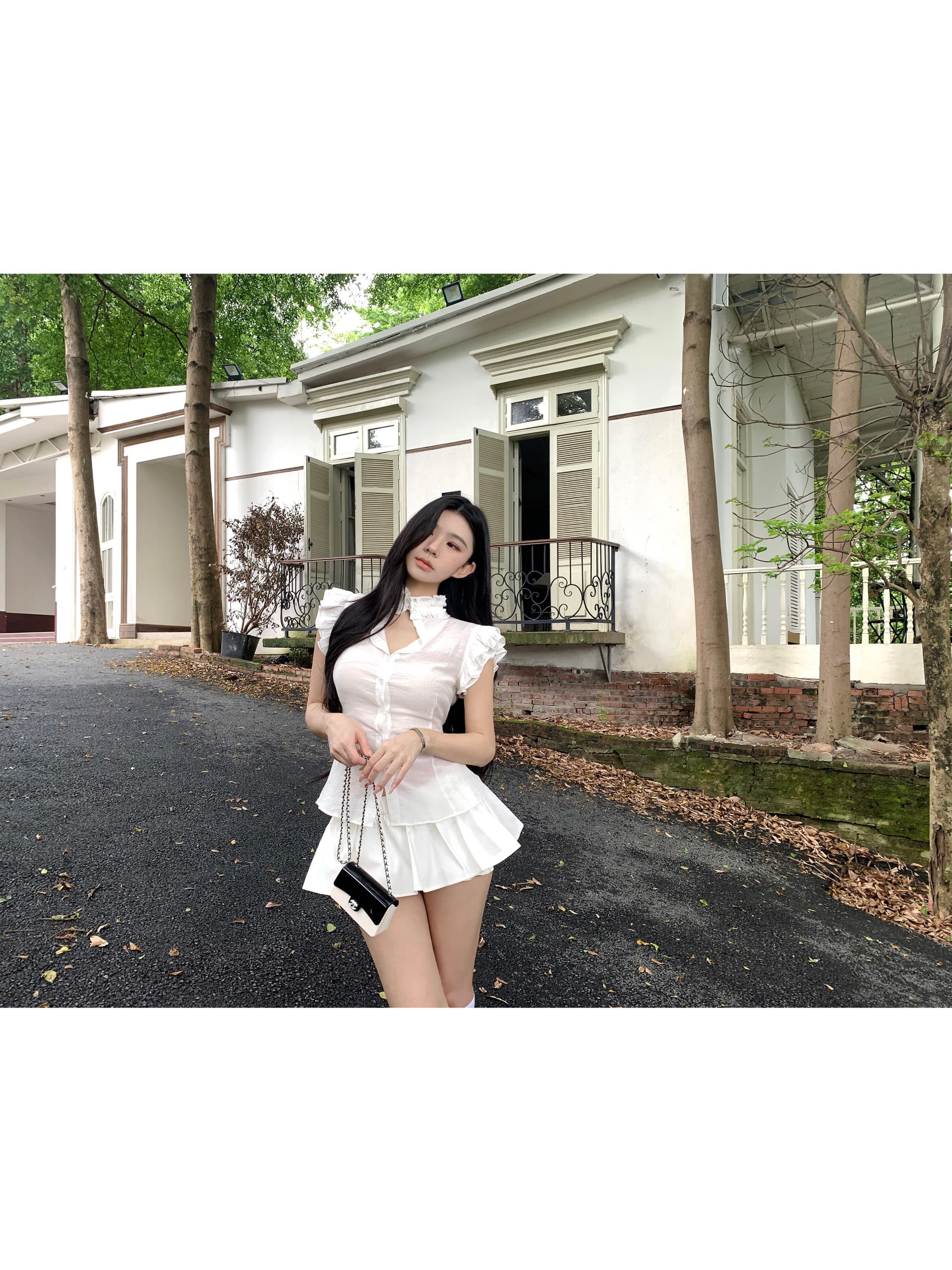 실사 정가 순수한 흰색 프릴 패치워크 허리 수축 오픈 칼라 셔츠 퍼프 스커트 패션 다용도 3 차원 치마바지 세트 상세 이미지 2