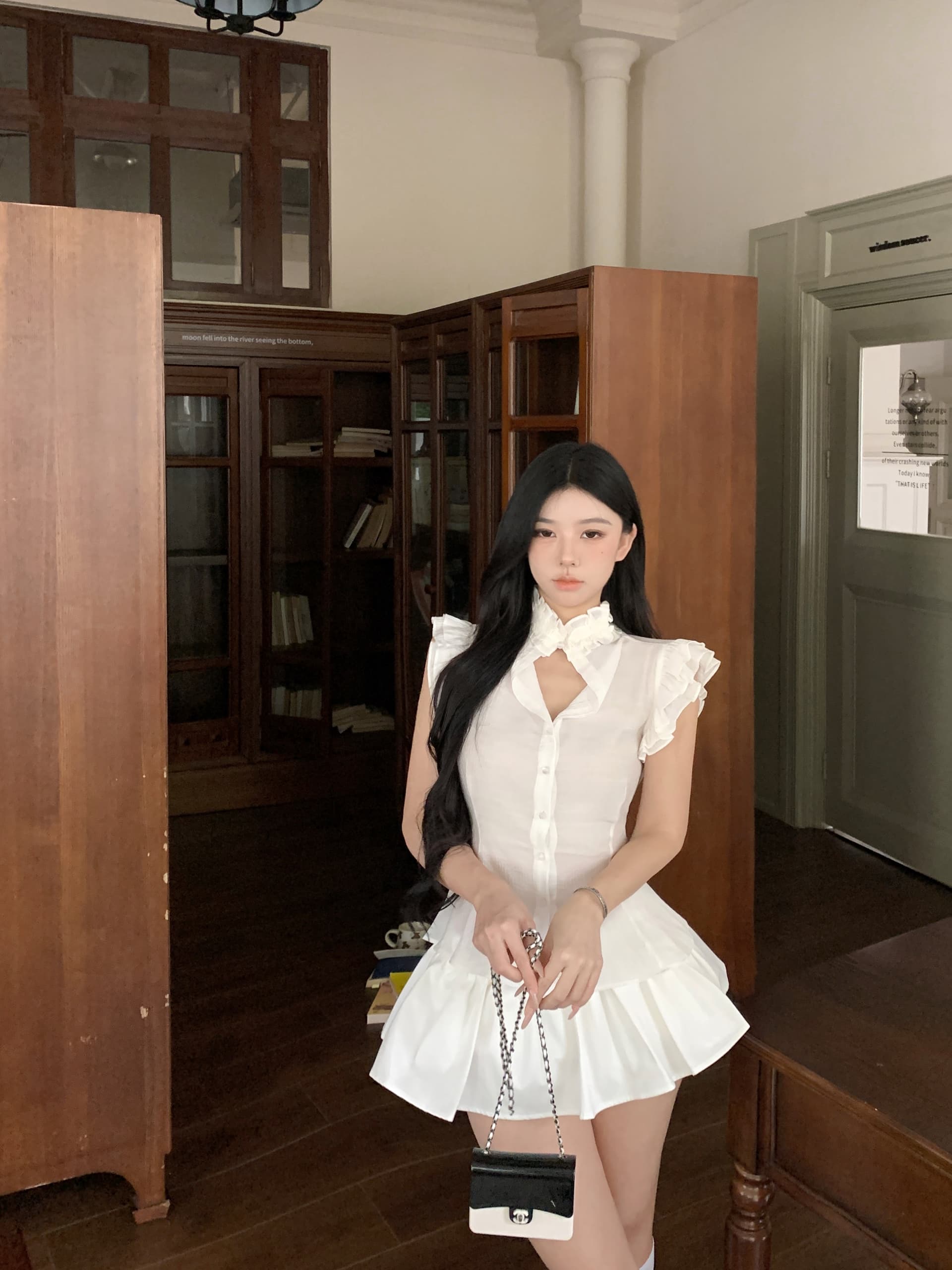 실사 정가 순수한 흰색 프릴 패치워크 허리 수축 오픈 칼라 셔츠 퍼프 스커트 패션 다용도 3 차원 치마바지 세트 상세 이미지 6