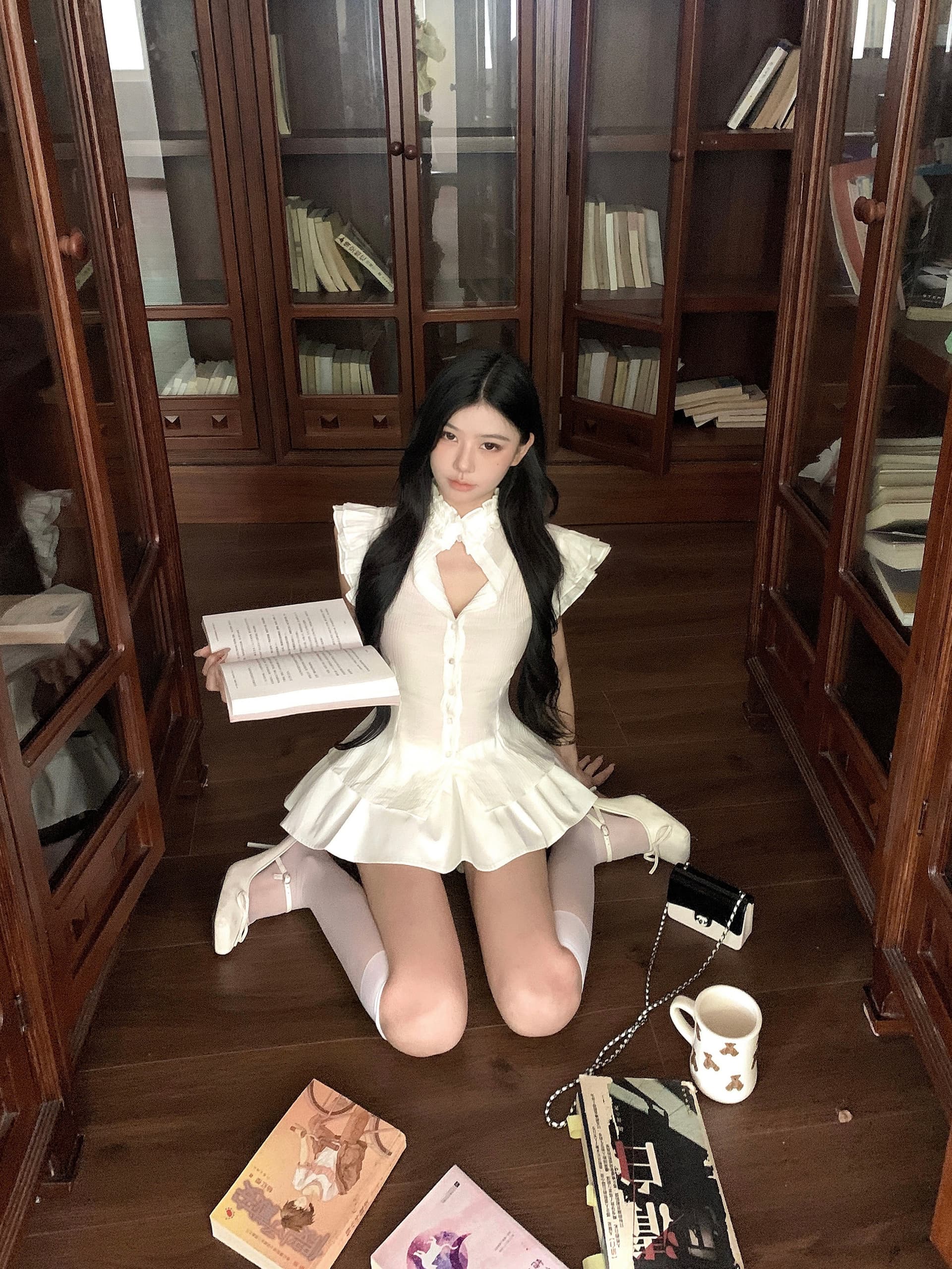 실사 정가 순수한 흰색 프릴 패치워크 허리 수축 오픈 칼라 셔츠 퍼프 스커트 패션 다용도 3 차원 치마바지 세트 상세 이미지 7