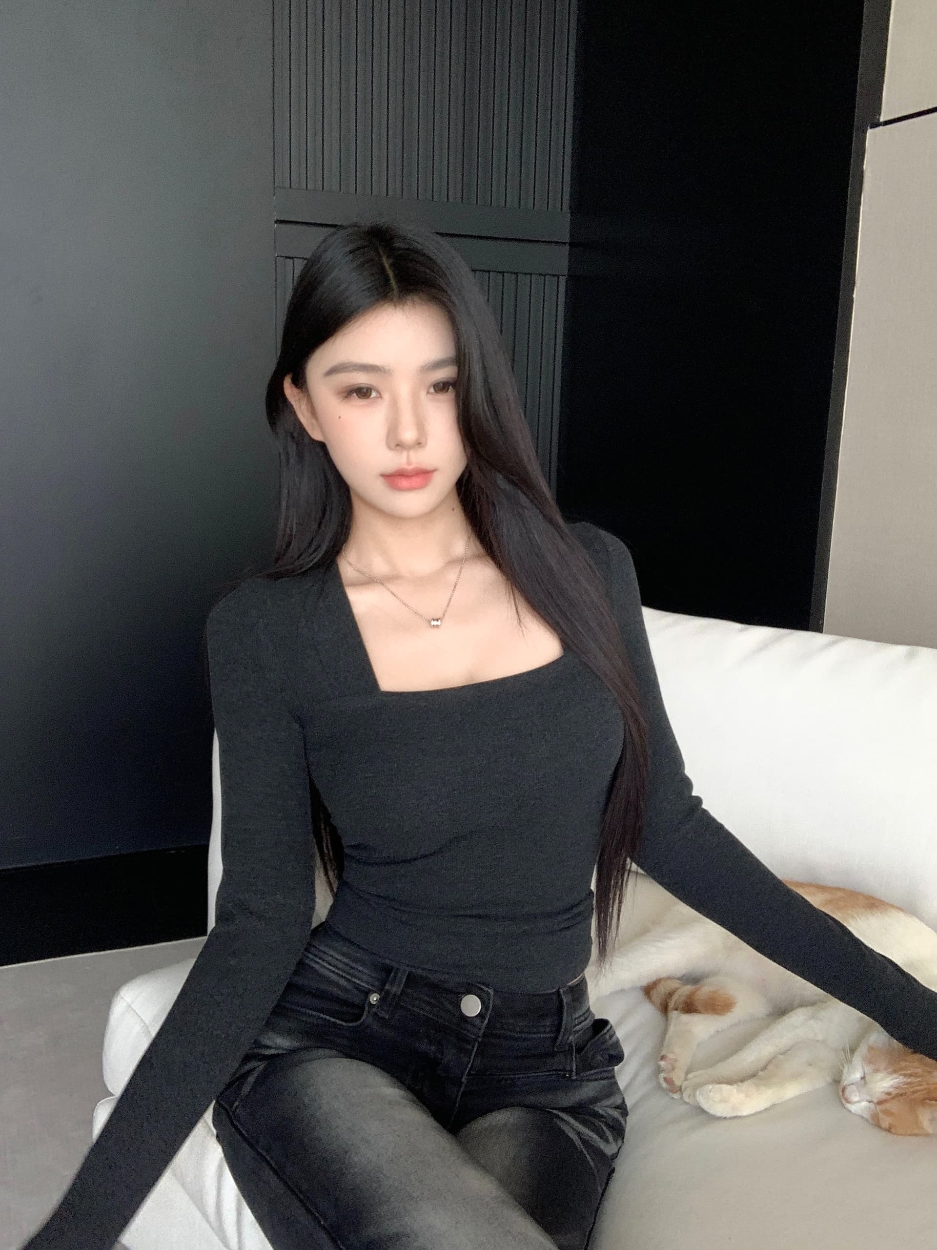 실사 정가 순수한 욕망 바람 섹시함 광장 칼라 긴팔 맨위 플리츠 고양이 반드시 몸매 가꾸기 품격 마이크로 나팔 데님 긴 바지 이미지 3