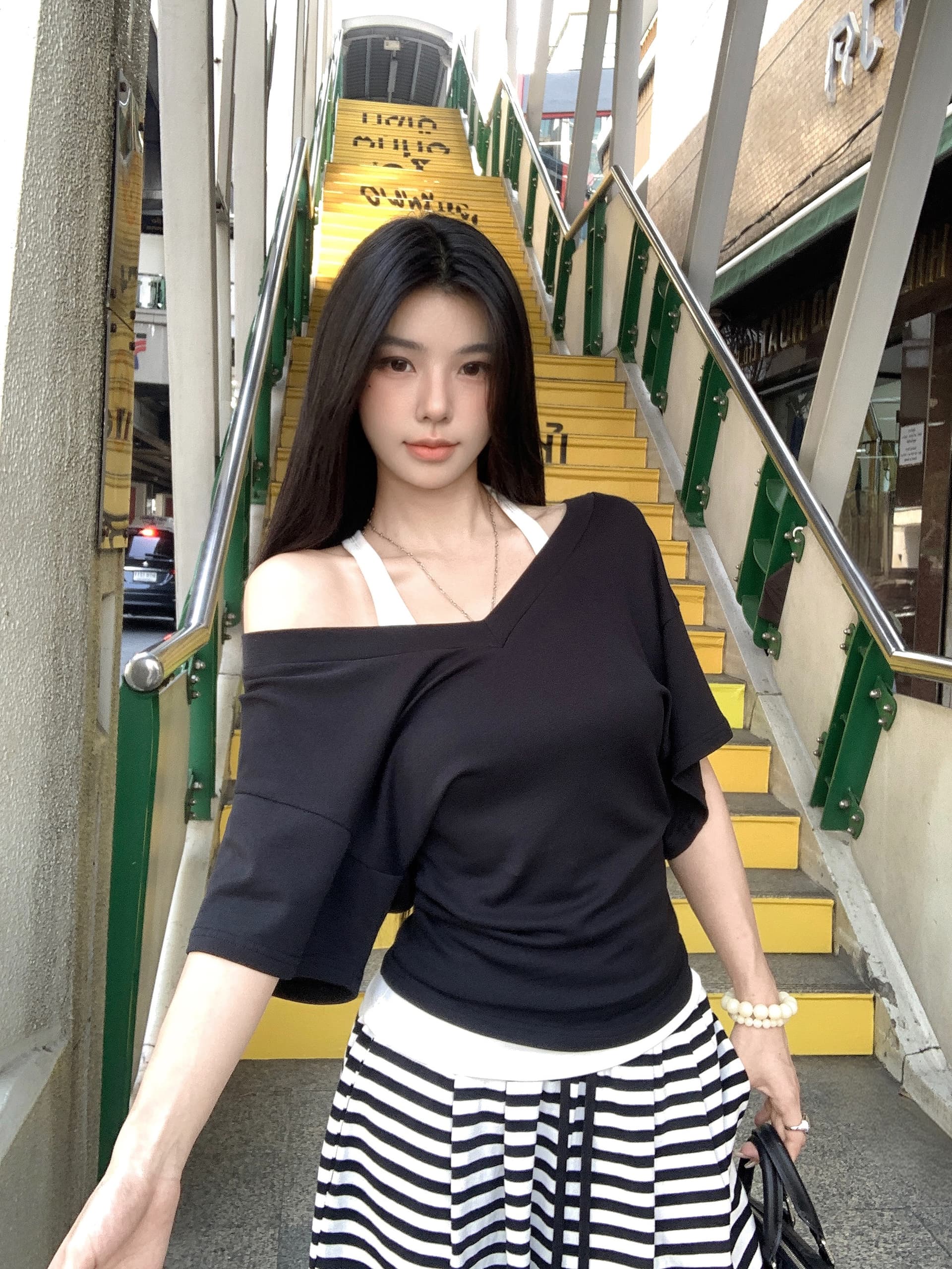 실사 정가 스택 착용 단어 조끼 V 칼라 반팔 티셔츠 루즈핏 스트라이프 배색 허리 머리 다용도 캐주얼 긴 바지 상세 이미지 3