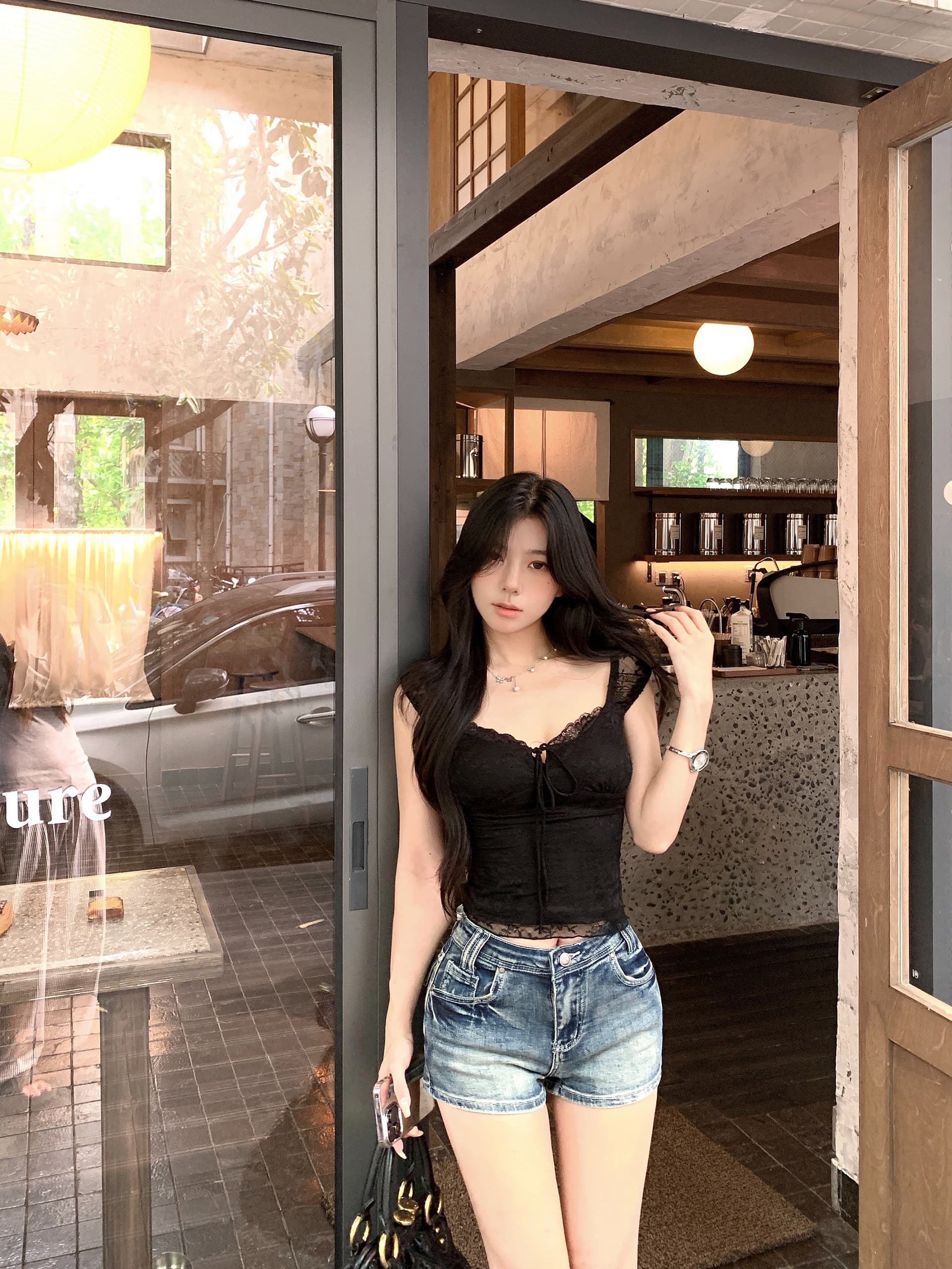 실사 정가 레이스 레이스 몸매 가꾸기 슬림해 보이는 순수한 욕망 핫걸 맨위 여름 한 부서 로우 웨이스트 한 마디 데님 반바지 상세 이미지 7