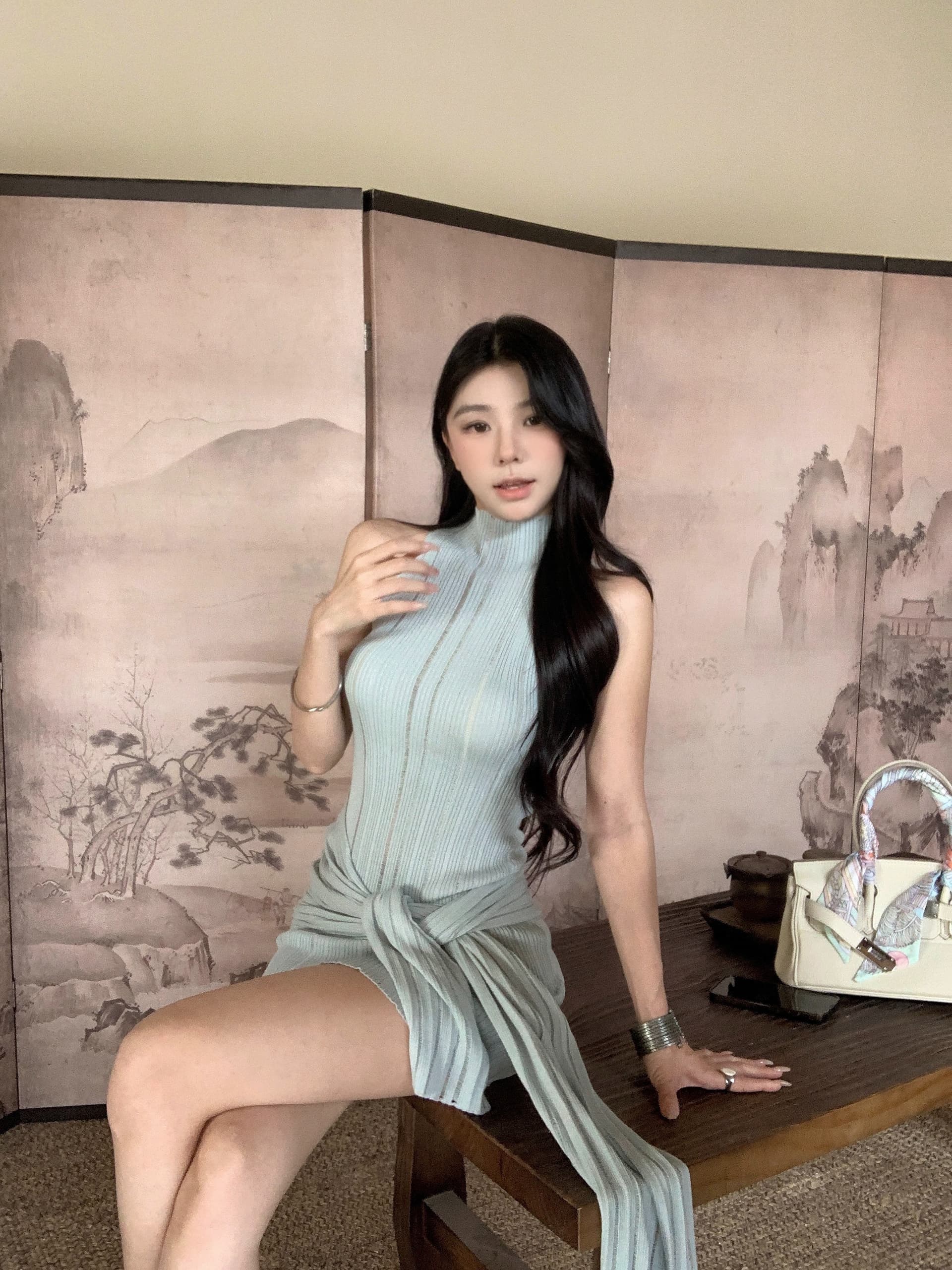 실사 정가 니트 반하이넥 행침 목 롱 스커트 새로운 품격 여름 디자인 센스 민소매 스트랩 드레스