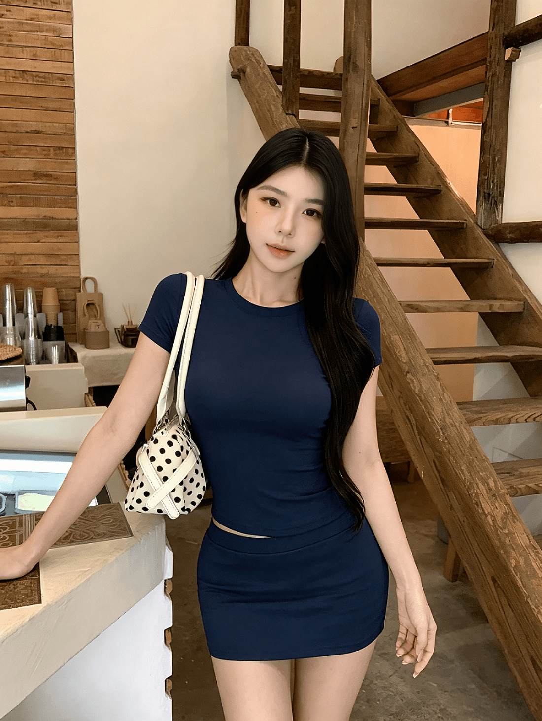 실사 정가 라운드 넥 핫걸 캐주얼 다용도 반팔 맨위 몸매 가꾸기 슬림해 보이는 로우 웨이스트 타이트 스커트 노출 방지 미니 스커트 여성 상세 이미지 8