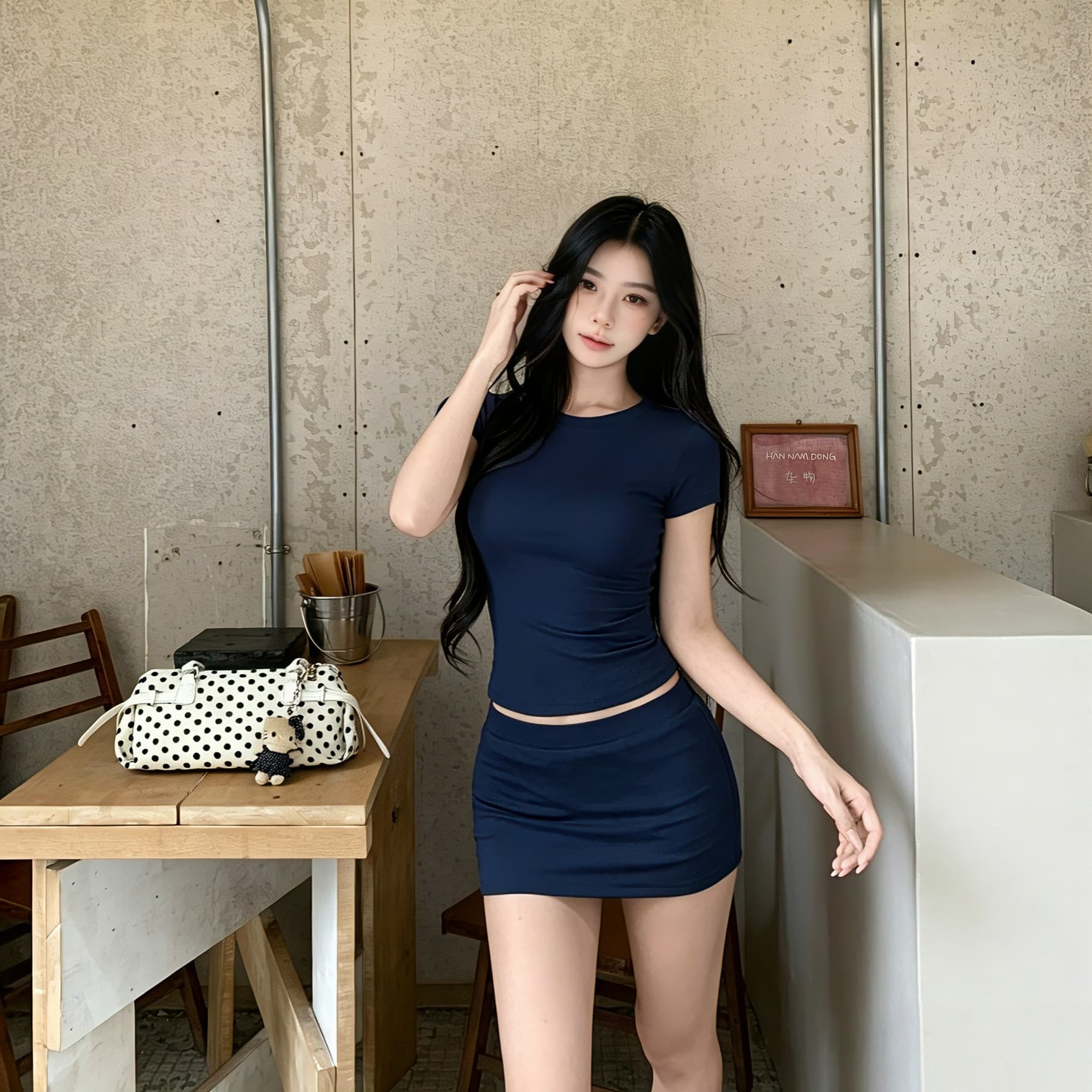 실사 정가 라운드 넥 핫걸 캐주얼 다용도 반팔 맨위 몸매 가꾸기 슬림해 보이는 로우 웨이스트 타이트 스커트 노출 방지 미니 스커트 여성 이미지 5
