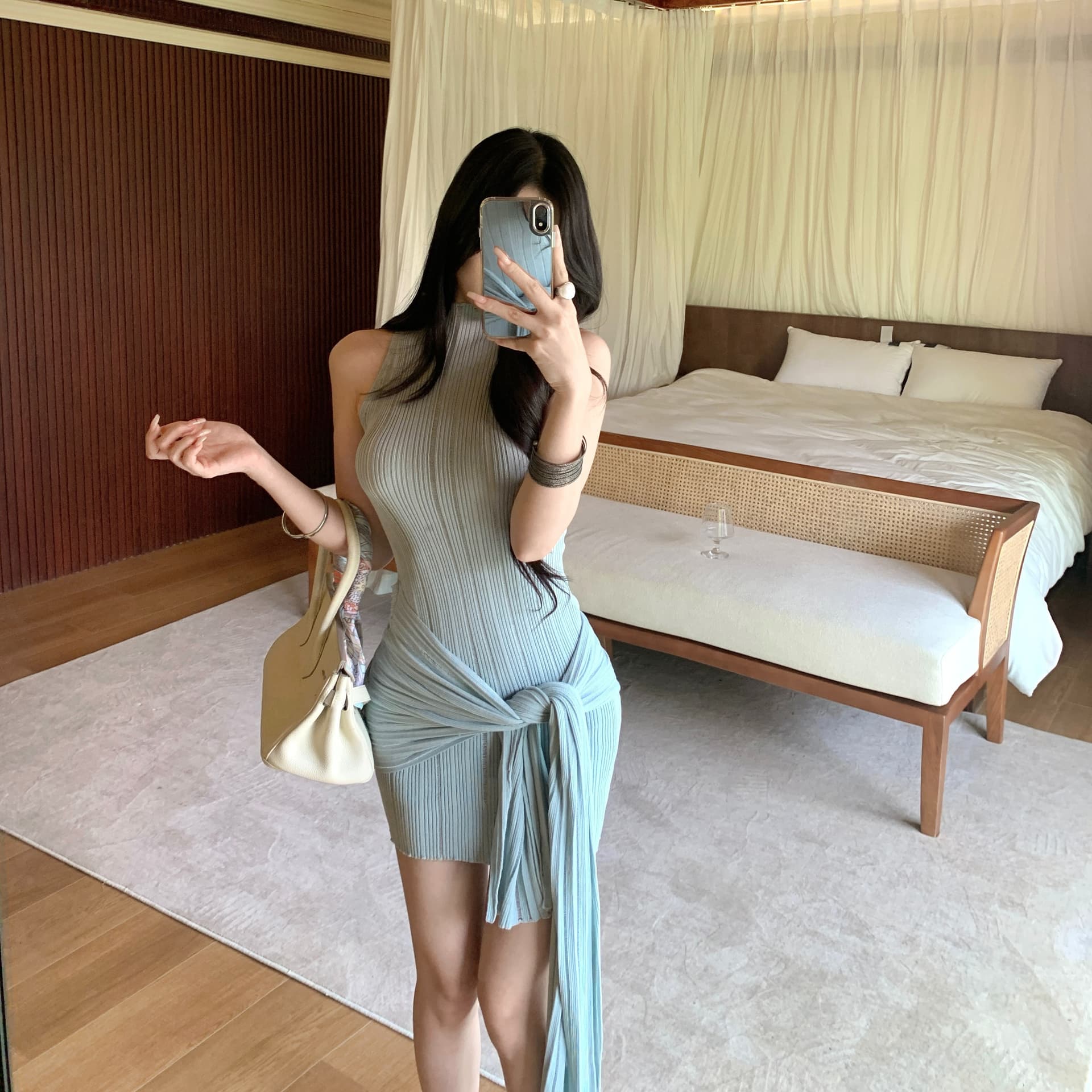 실사 정가 니트 반하이넥 행침 목 롱 스커트 새로운 품격 여름 디자인 센스 민소매 스트랩 드레스 이미지 5