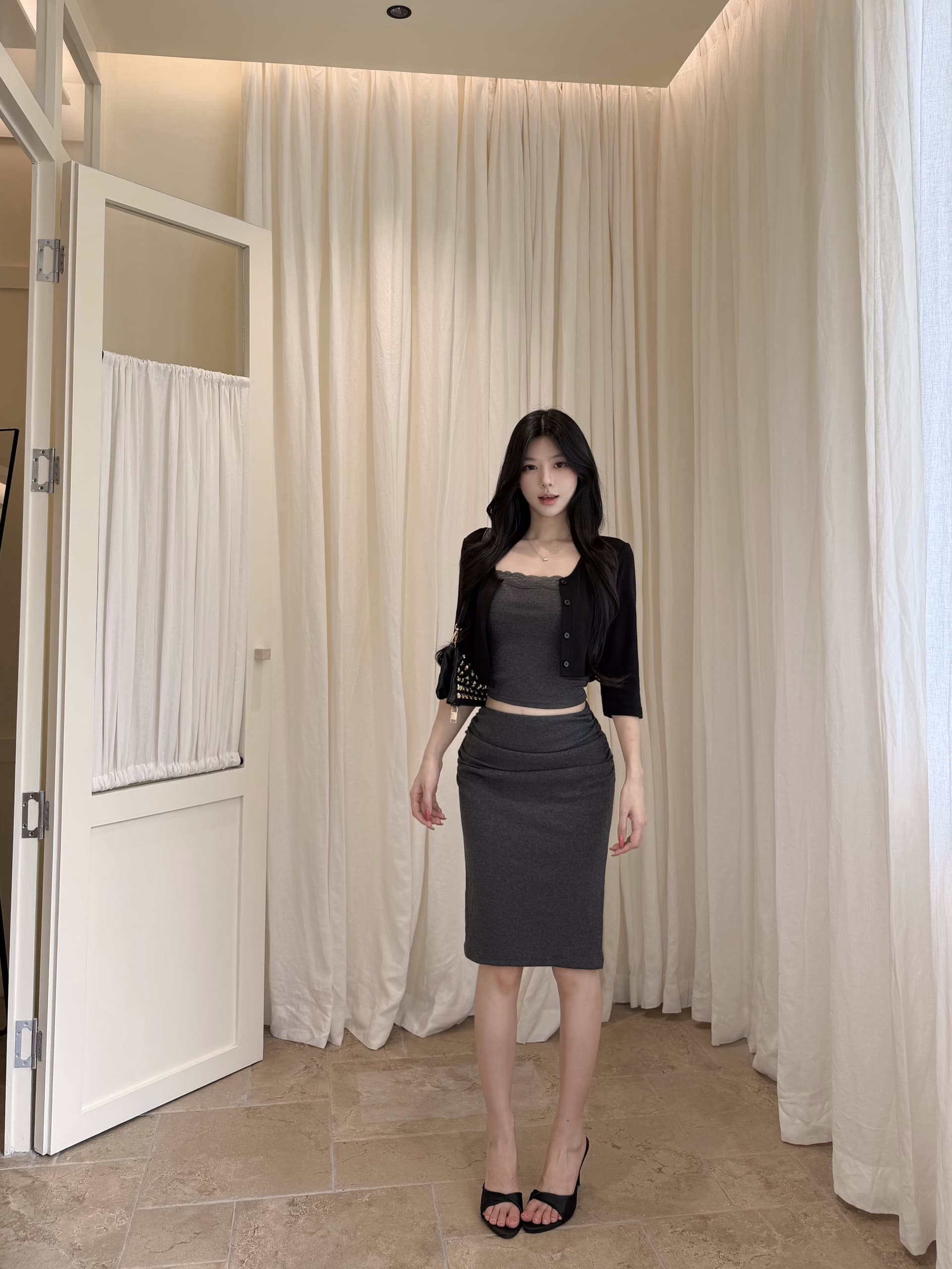 실사 정가 레이스 조각 니트 슬립 쇼트 스타일 중간 소매 단추 오픈 가디건 주름 장식 타이트 스커트 반신 스커트 3종 세트 상세 이미지 7
