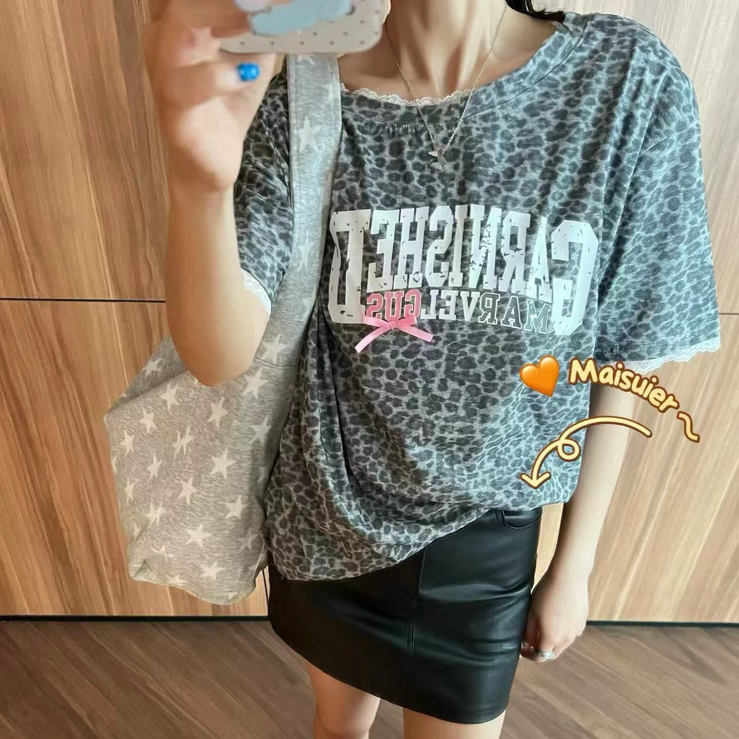 열세 개 알파벳 패턴 레오파드 무늬 라운드 넥 반팔 티셔츠 여성 의류 레이스 레이스 슬림해 보이는 다용도 맨위 이미지 5