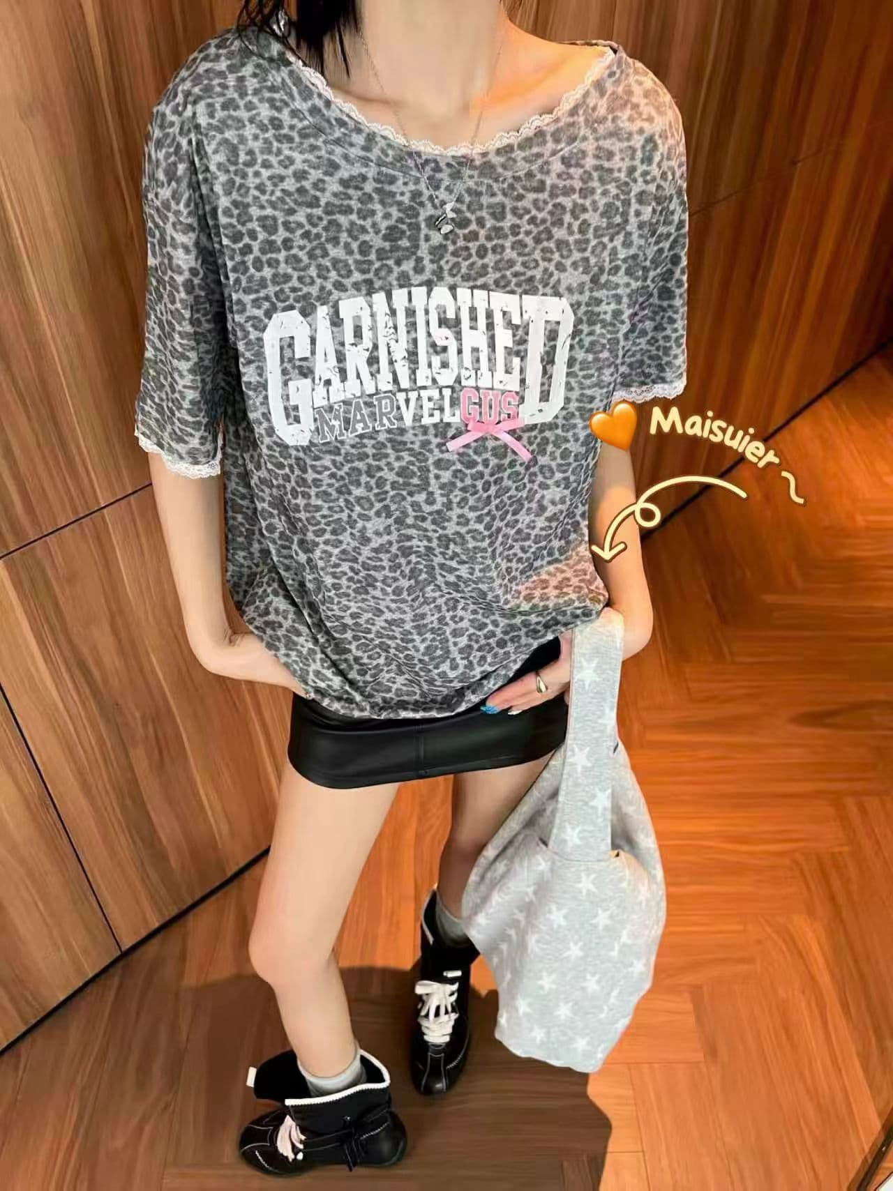 열세 개 알파벳 패턴 레오파드 무늬 라운드 넥 반팔 티셔츠 여성 의류 레이스 레이스 슬림해 보이는 다용도 맨위 상세 이미지 3
