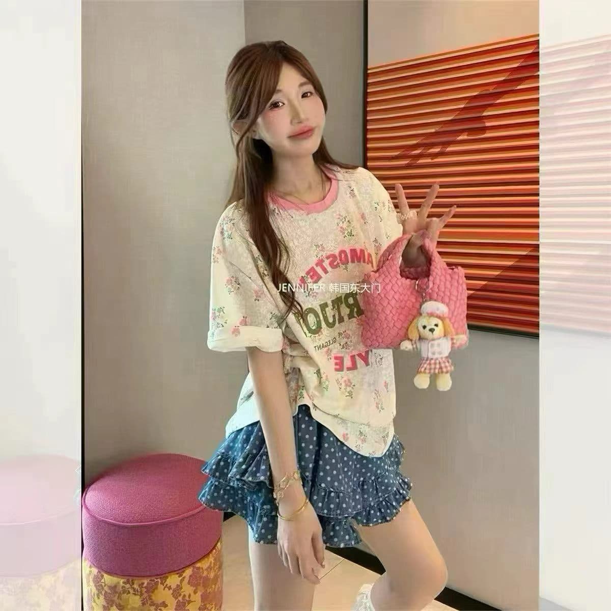 한 부서 달콤함 핑크색 꽃무늬 알파벳 반팔 티셔츠 레이스 레이스 루즈핏 맨위 상세 이미지 7