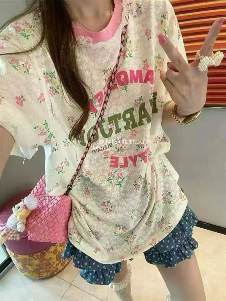 한 부서 달콤함 핑크색 꽃무늬 알파벳 반팔 티셔츠 레이스 레이스 루즈핏 맨위 상세 이미지 8