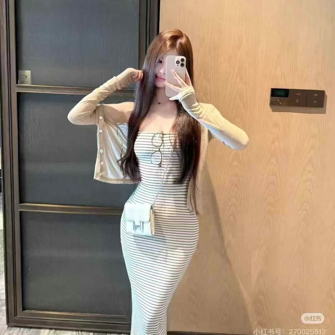 패션 한 부서 캐주얼 스트라이프 슬립 몸매 가꾸기 허리 수축 디스플레이 몸 섹시함 트임 타이트 스커트 드레스 오픈 가디건 세트 이미지 5