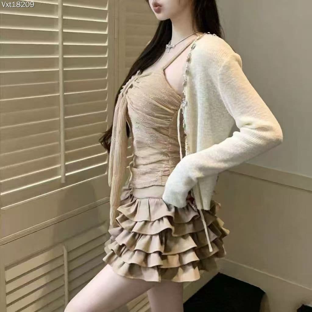 프랑스식 검정색 속눈썹 레이스 슬립 오픈 가디건 3종 세트 상세 이미지 3
