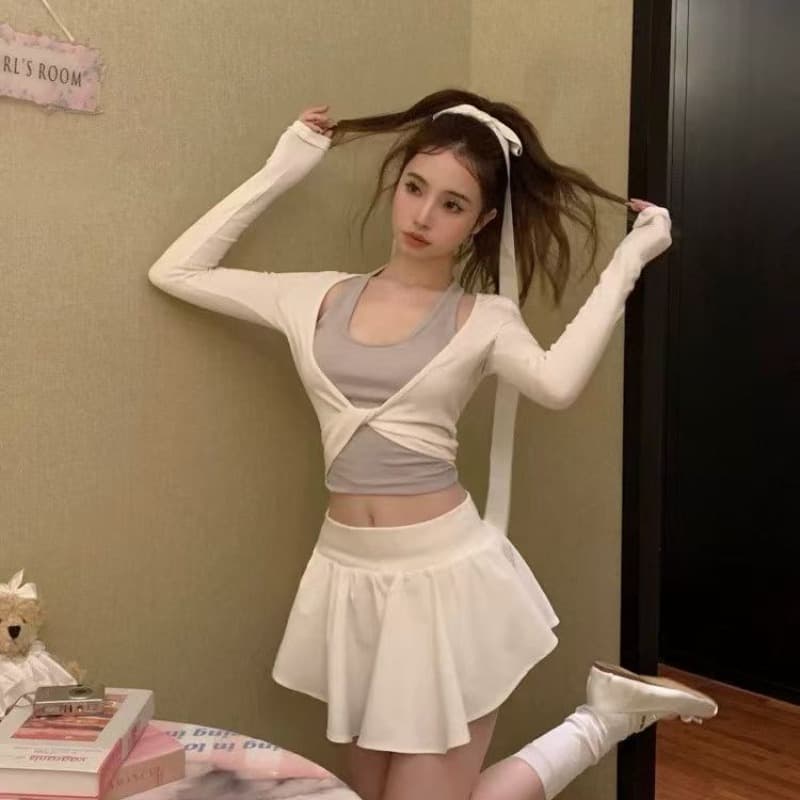 페이크 레이어드 행침 목 긴팔 티셔츠 루즈핏 캐주얼 다용도 몸매 가꾸기 핫걸 맨위 반신 스커트 투피스 세트 이미지 5