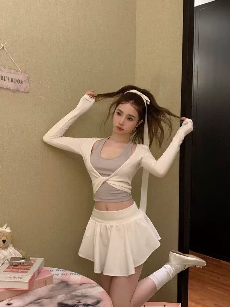페이크 레이어드 행침 목 긴팔 티셔츠 루즈핏 캐주얼 다용도 몸매 가꾸기 핫걸 맨위 반신 스커트 투피스 세트 상세 이미지 1