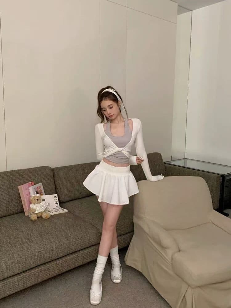 페이크 레이어드 행침 목 긴팔 티셔츠 루즈핏 캐주얼 다용도 몸매 가꾸기 핫걸 맨위 반신 스커트 투피스 세트 상세 이미지 3