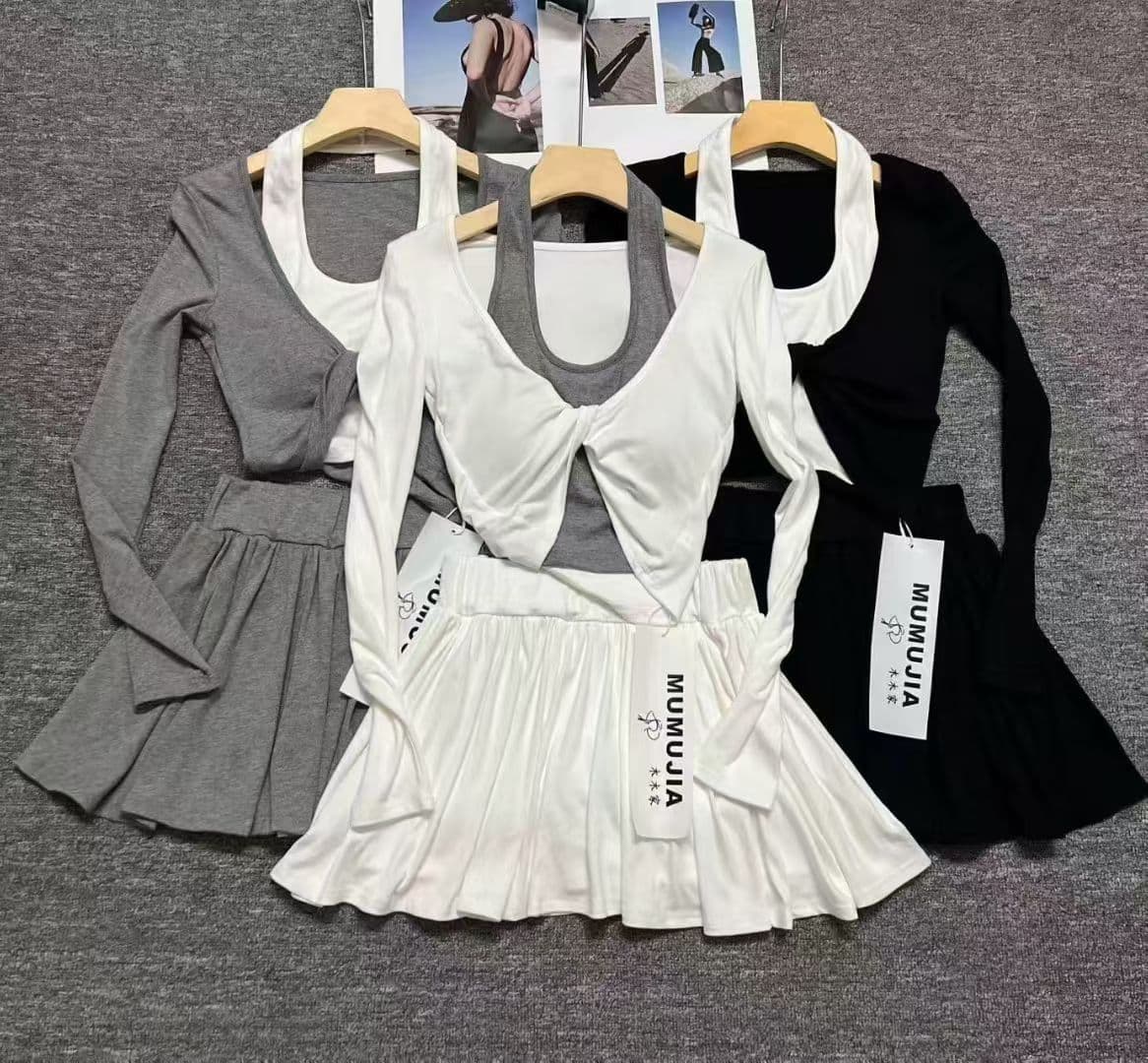 페이크 레이어드 행침 목 긴팔 티셔츠 루즈핏 캐주얼 다용도 몸매 가꾸기 핫걸 맨위 반신 스커트 투피스 세트 상세 이미지 6