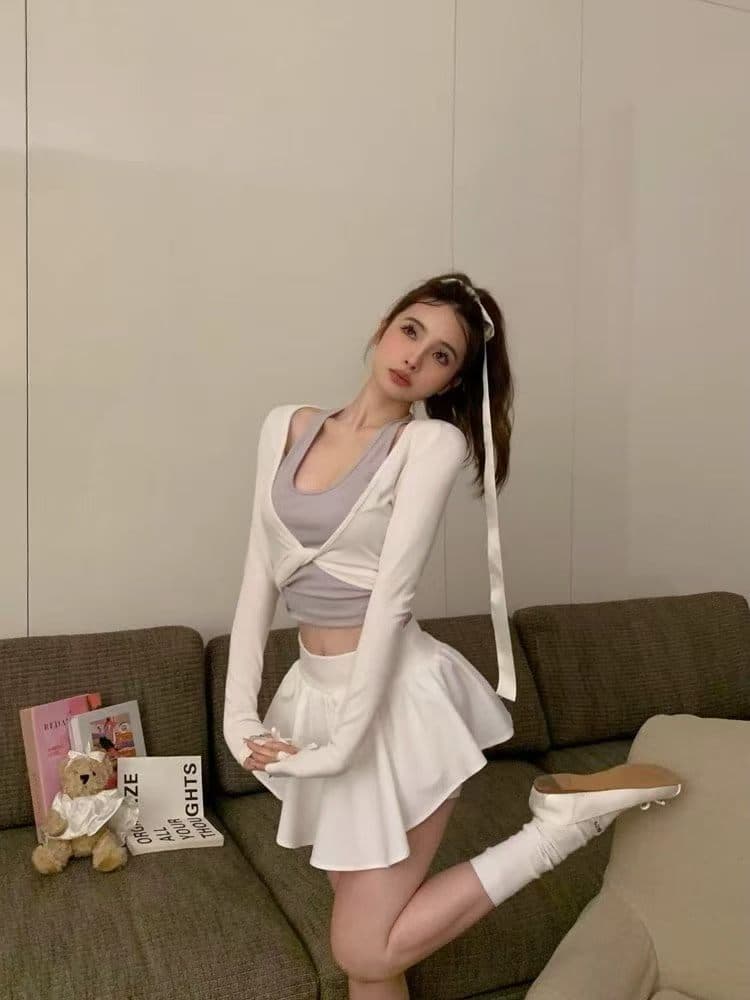 페이크 레이어드 행침 목 긴팔 티셔츠 루즈핏 캐주얼 다용도 몸매 가꾸기 핫걸 맨위 반신 스커트 투피스 세트 상세 이미지 7