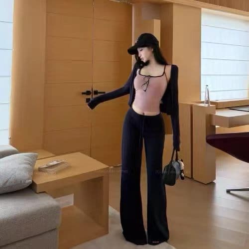 분할 니트 허리 수축 좋은 어깨끈 백리스 슬립 레이스업 스트레이트 니트 긴 바지 외부 피 3종 세트