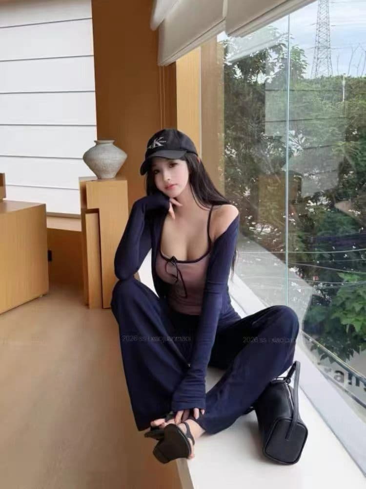 분할 니트 허리 수축 좋은 어깨끈 백리스 슬립 레이스업 스트레이트 니트 긴 바지 외부 피 3종 세트 상세 이미지 7