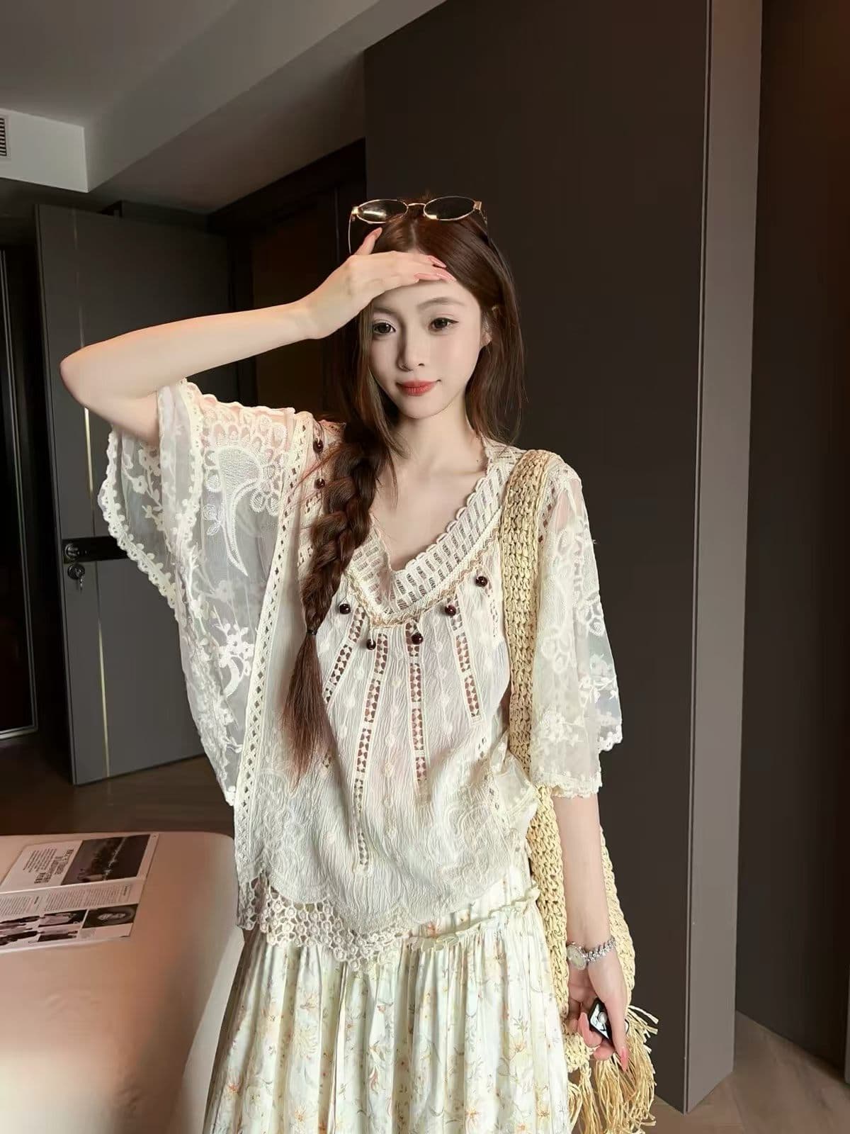 나만의 것을 가져와 라. 분위기 센스 무거운 작업 레이스 자수 루즈핏 슬림해 보이는 자외선 차단 블라우스 작은 셔츠 이미지 2