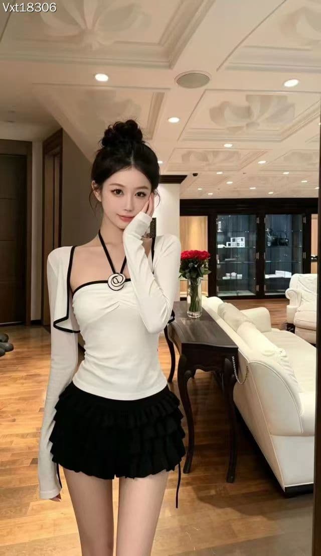 나비 매듭 행침 목 조끼 여름 흑인과 백인 배색 슬립 민소매 맨위 외부 피 반신 스커트 3종 세트 상세 이미지 2
