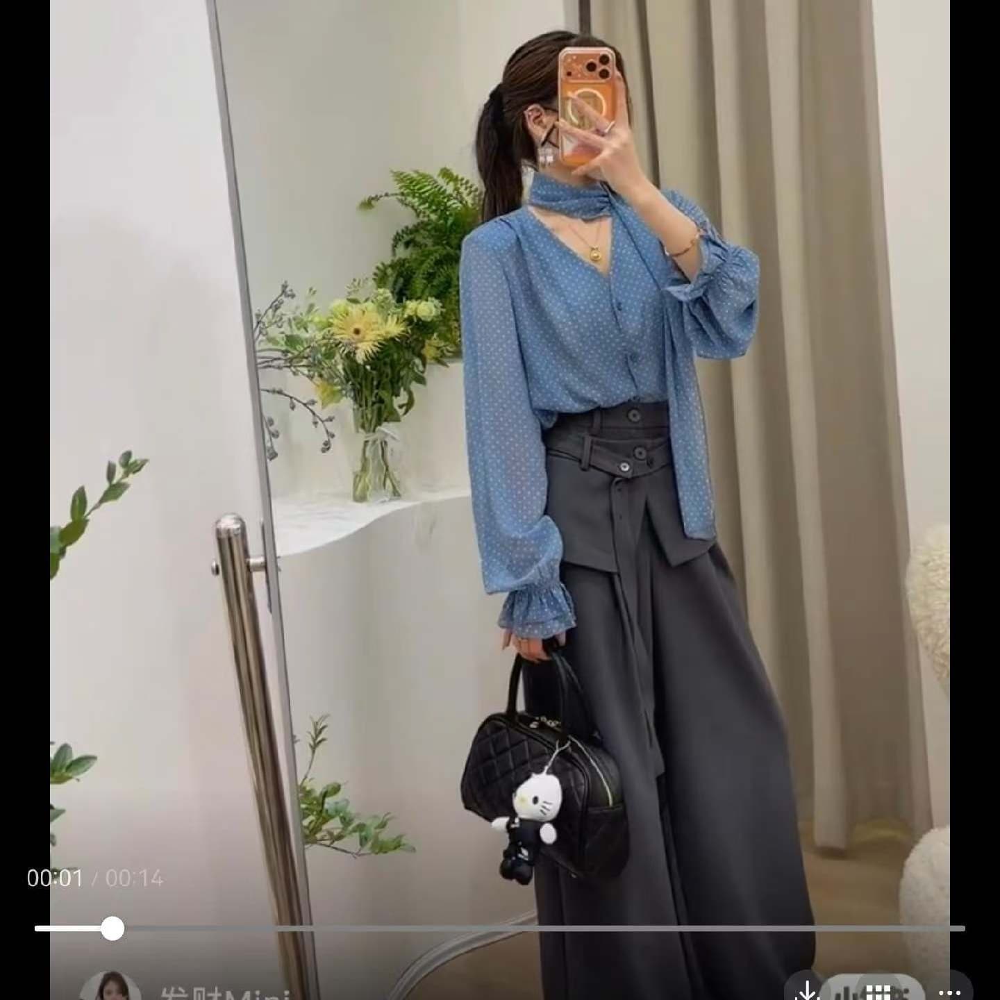 도트 무늬 V넥 나팔 긴팔 셔츠 가을 리본 디자인 센스 얇고 가벼운 마이크로 ~을 통해 작은 셔츠 캐주얼 바지 투피스 세트 이미지 5