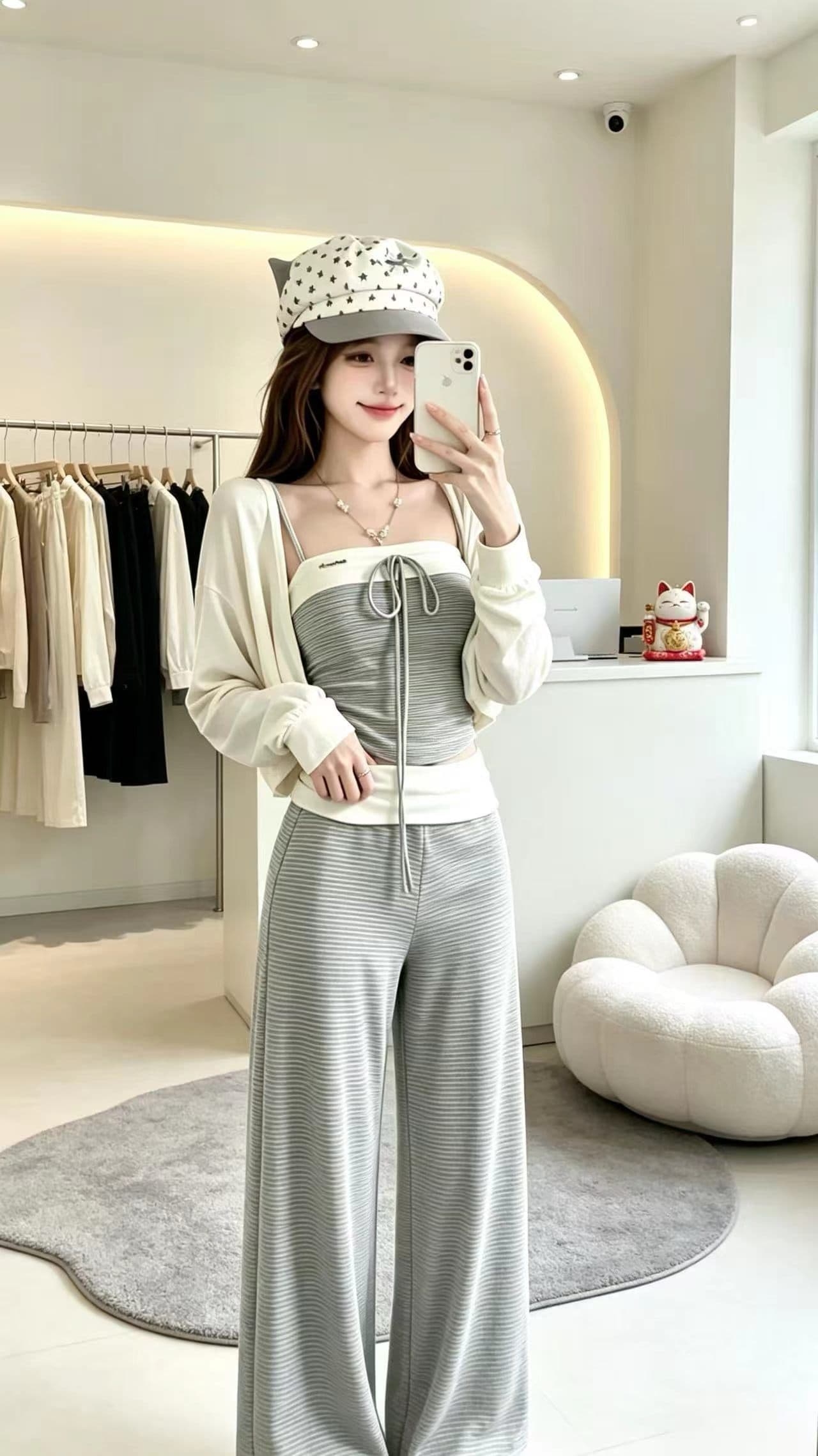 이른 가을 새로운 독일 핀 스트라이프 몸매 가꾸기 후드 오픈 가디건 슬립 허리밴드 와이드 레그 팬츠 3 세트 이미지 3