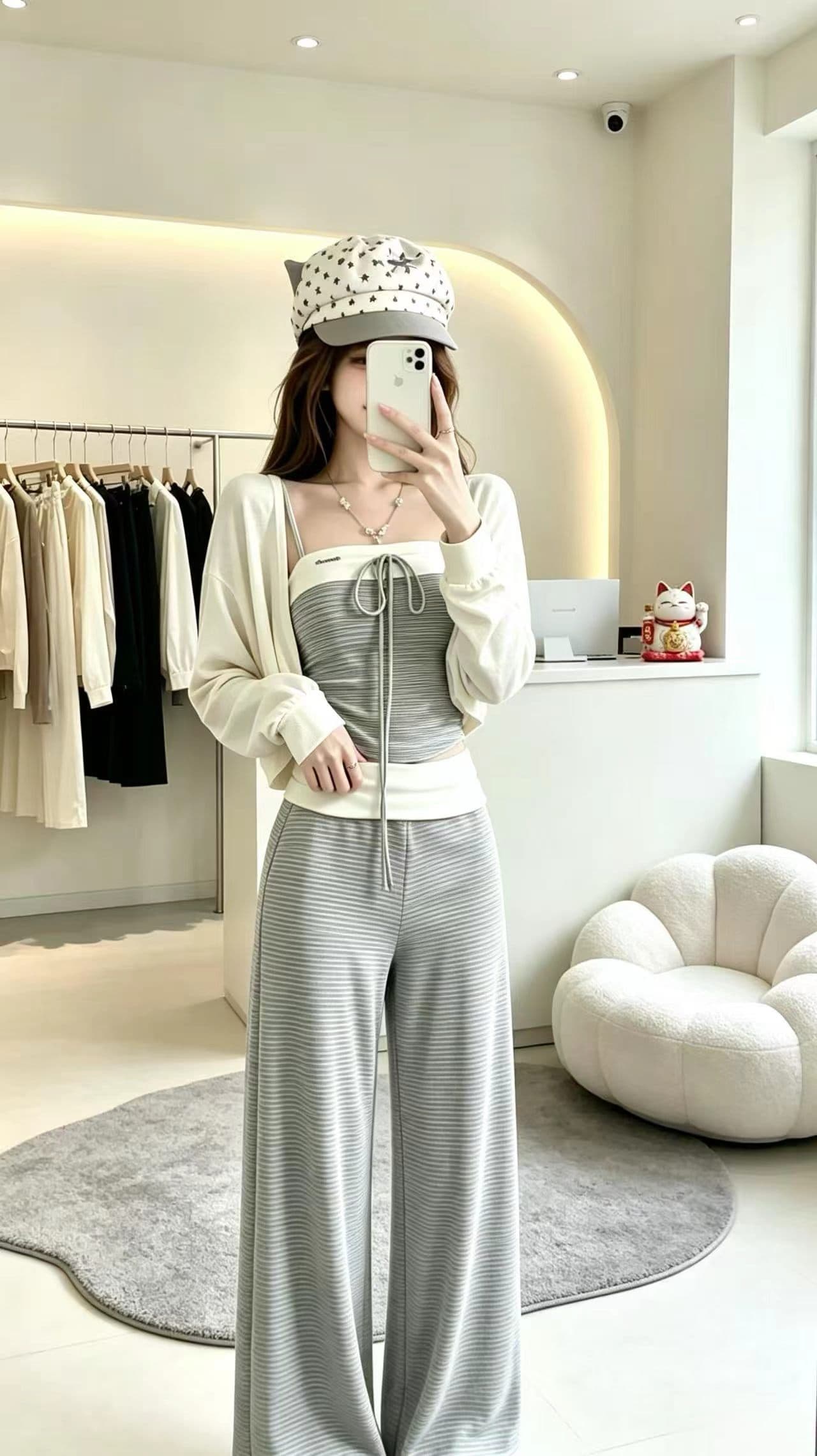 이른 가을 새로운 독일 핀 스트라이프 몸매 가꾸기 후드 오픈 가디건 슬립 허리밴드 와이드 레그 팬츠 3 세트 상세 이미지 2