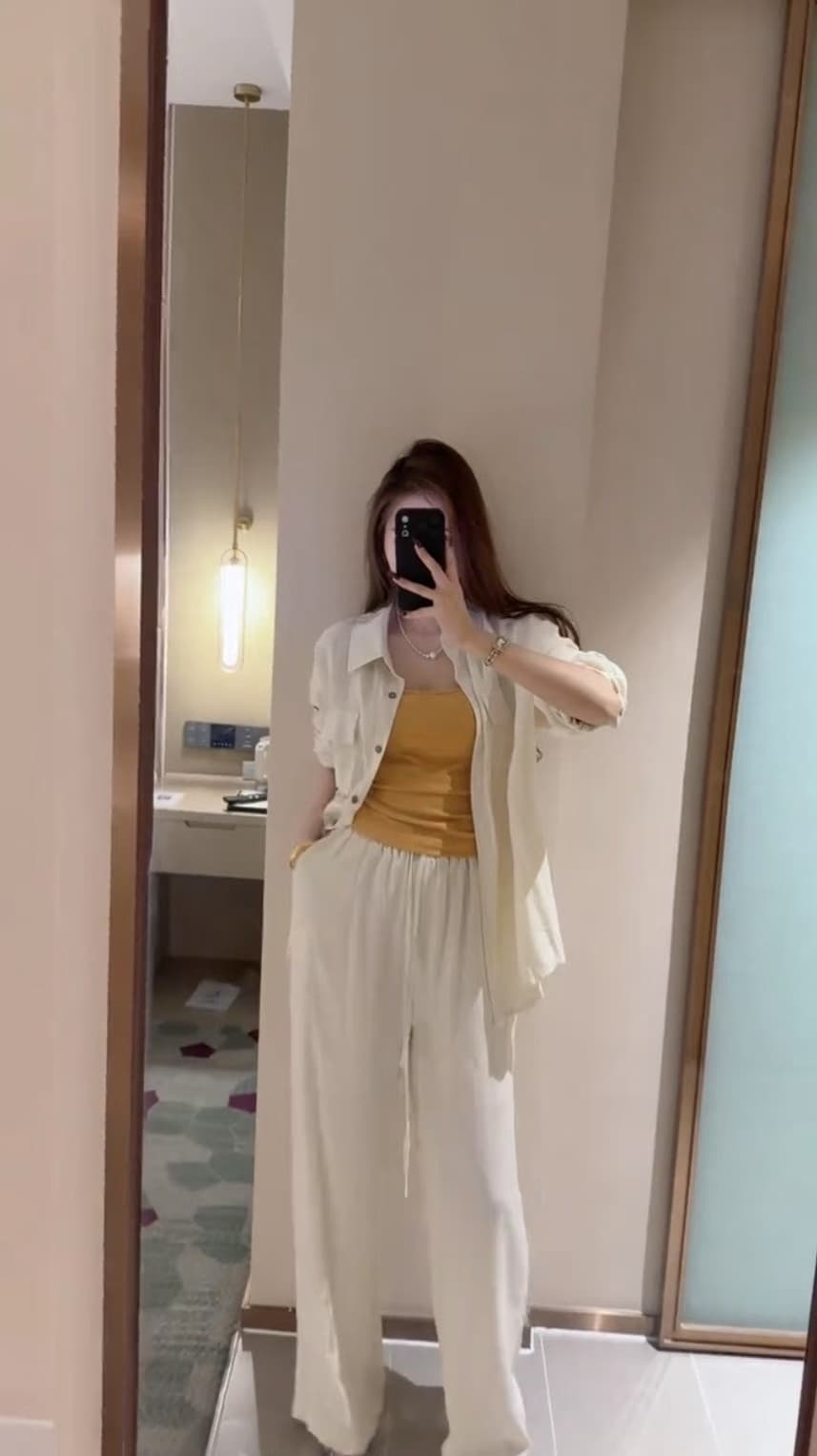 한국 스타일 캐주얼 외국 가스 세련된 출퇴근 다용도 셔츠 조끼 와이드 레그 팬츠 세트 자외선 차단 마 재료