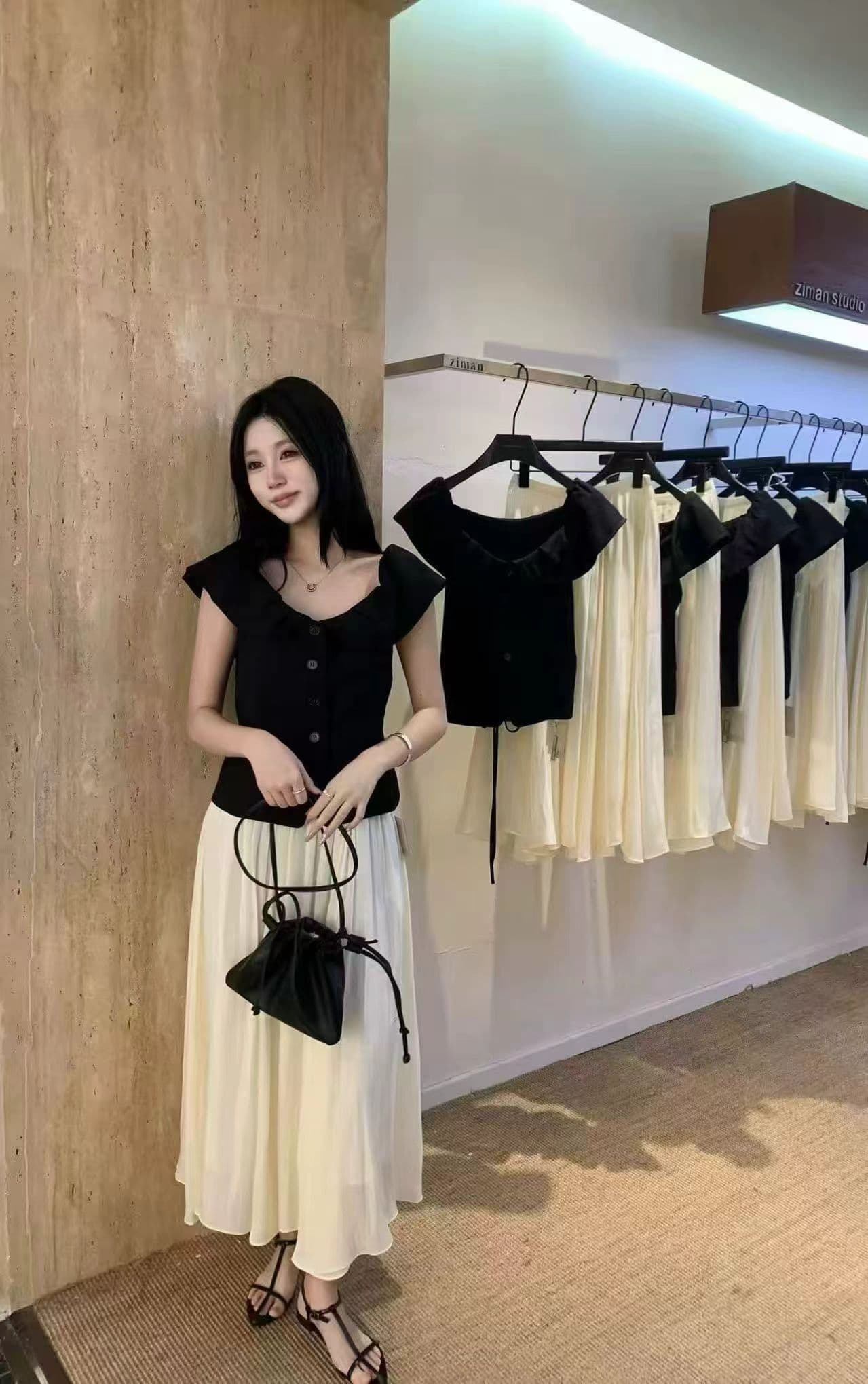 프랑스식 품격 검정색 오프숄더 반팔 티셔츠 여성 의류 여름 ~까지 오프숄더 맨위 반신 스커트 투피스 세트 상세 이미지 1