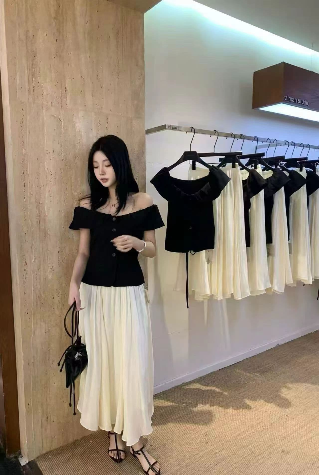 프랑스식 품격 검정색 오프숄더 반팔 티셔츠 여성 의류 여름 ~까지 오프숄더 맨위 반신 스커트 투피스 세트 상세 이미지 4